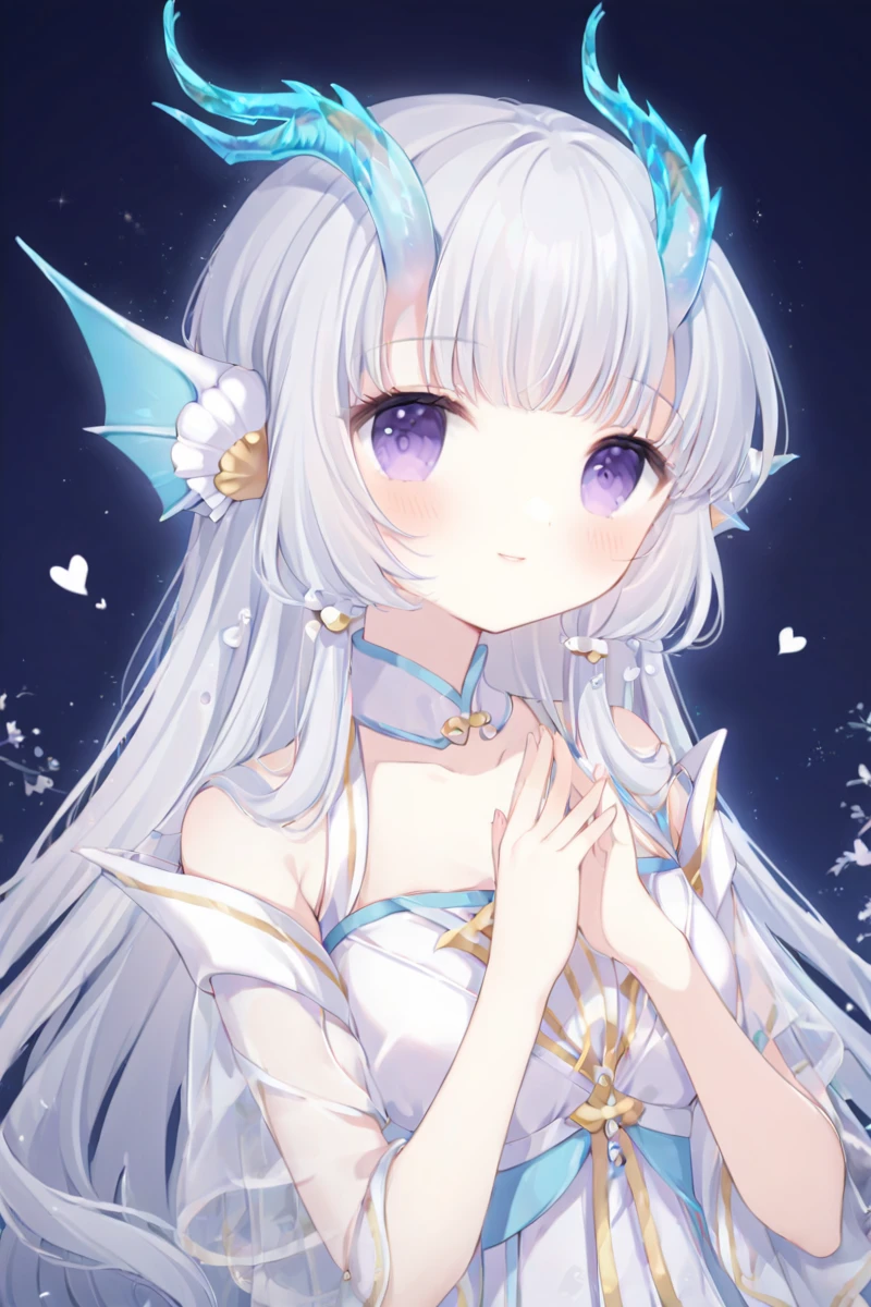 CHII,1girl,solo,light smile,upper body,looking at viewer,smile,own hands together,closed mouth, hearts, <lora:Chobits_XL:0.7>, dragon horns, fins, head fins, parted lips, blush, white dress,blue dress, bare shoulders  <lora:Xishi_YLQY_xl:1>