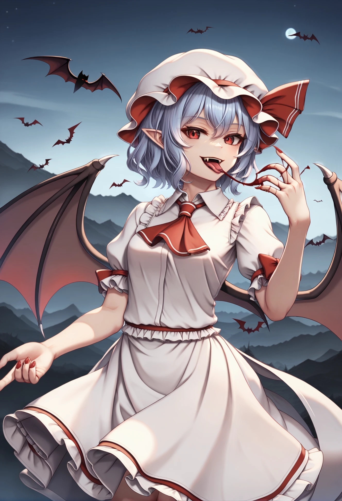 by kie \(wylee2212\), , masterpiece, best quality,
1girl, remilia scarlet, ascot, bat wings, collared shirt, fangs, pointy ears,  frills, [blue|gray] hair, jewelry, mob cap, puffy sleeves, cowboy shot, licking blood, vampire, evil smile,
outdoors, night landscape
 <lora:4th_tail_lyco_extract_0.5.0_L:1.0>