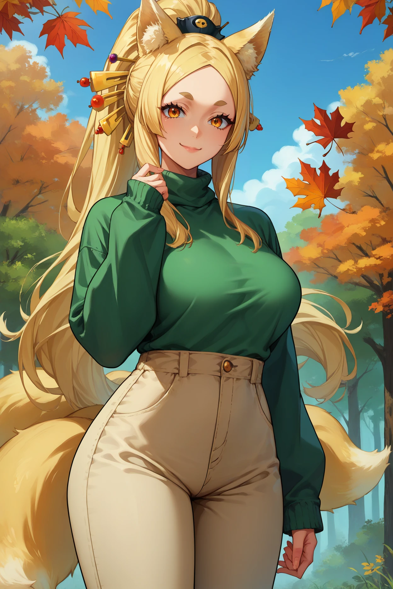 score_9, score_8_up, score_7_up, score_6_up, source_anime, 1girl, solo <lora:yasaka-pdxl-nvwls-v1-000005:1> yasaka, blonde hair, ponytail, amber eyes, hair ornament, fox ears, multiple tails, large breasts, green sweater, sleeves past wrists, beige pants, looking at you, happy, blue sky, forest, autumn