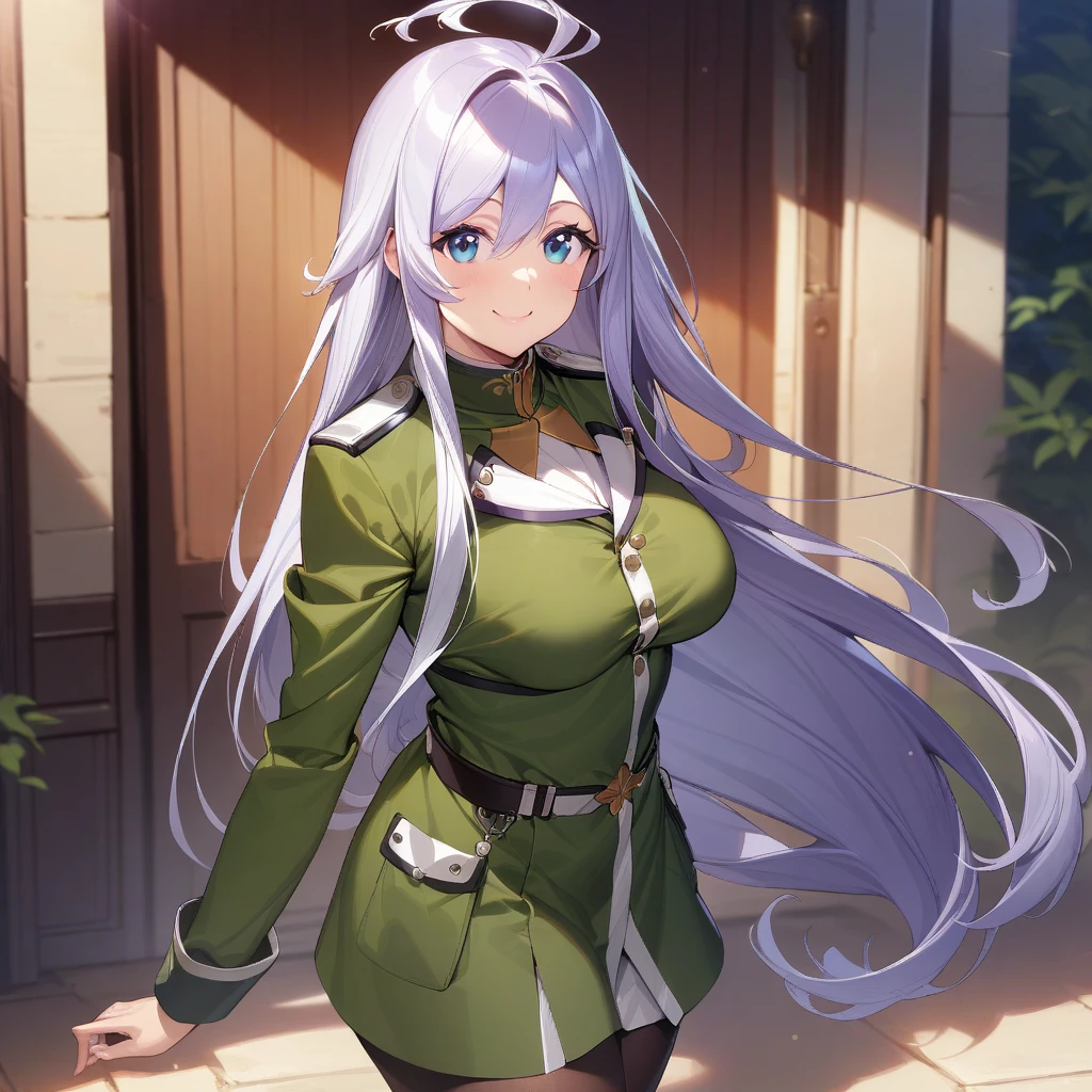 anju_emma, purple hair, long hair, blue eyes, large breasts, military uniform, green outfit, cowboy shot, smile, looking at viewer, <lora:XL-AnjuEmma:1>, (masterpiece),(best quality),(ultra-detailed),(best illustration),(best shadow),(absurdres),(detailed background),(very aesthetic),