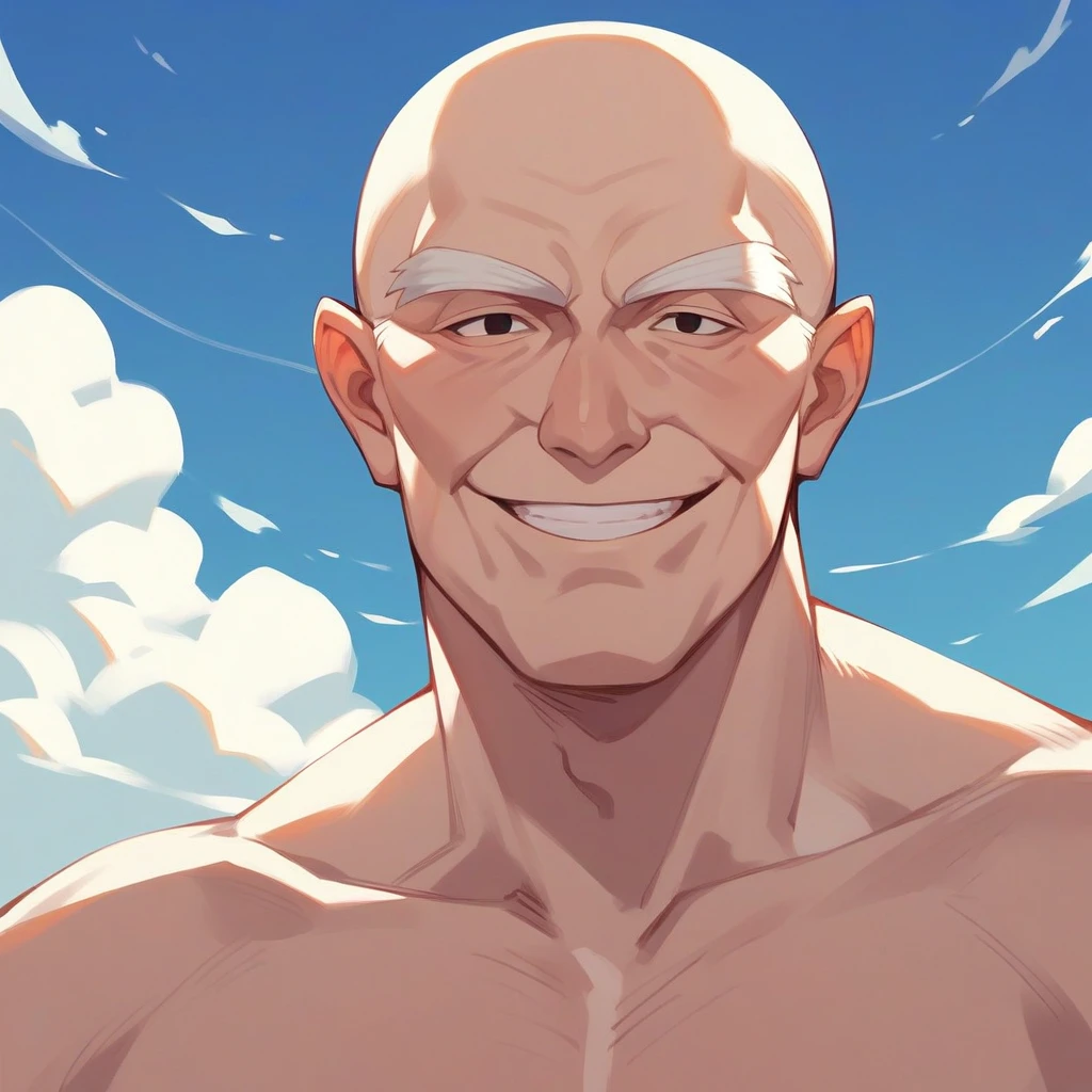 score_9, score_8_up, score_7_up, score_6_up, score_5_up, score_4_up, BREAK, anime, anime style, 1boy, old man, solo,bald, 68 years old, black eyes, white eyebrows, open eyes, smile,nude 