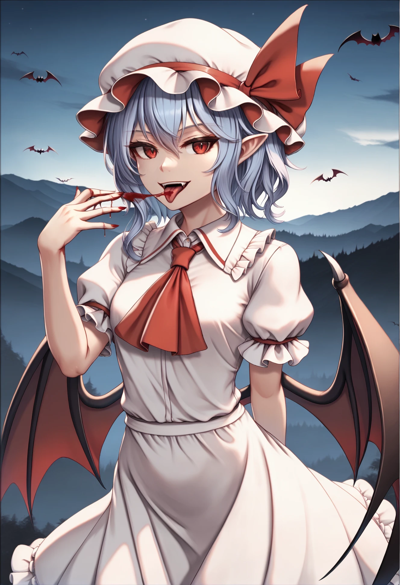 by kie \(wylee2212\), , masterpiece, best quality,
1girl, remilia scarlet, ascot, bat wings, collared shirt, fangs, pointy ears,  frills, [blue|gray] hair, jewelry, mob cap, puffy sleeves, cowboy shot, licking blood, vampire, evil smile,
outdoors, night landscape
 <lora:4th_tail_lyco_extract_0.5.0_L:1.0>