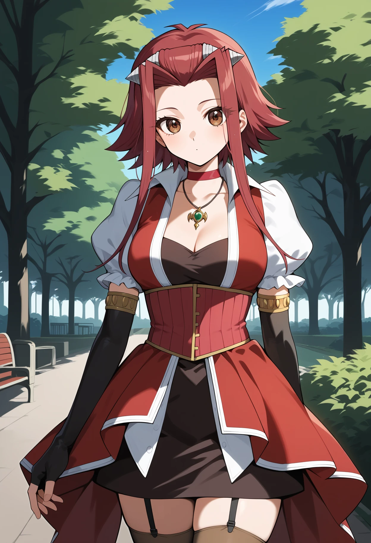 score_9, score_8_up, score_7_up, score_6_up, score_5_up, score_4_up, source_anime, aaaki, short hair with long locks, red hair, hair intakes, hair ornament, brown eyes, breasts, red choker, necklace, cleavage, red dress, puffy sleeves, short sleeves, elbow gloves, fingerless gloves, black gloves, corset, red skirt, garter straps, thighhighs, <lora:izayoi_aki_ponyxl_v1:0.9>, standing, cowboy shot, outdoors, park,