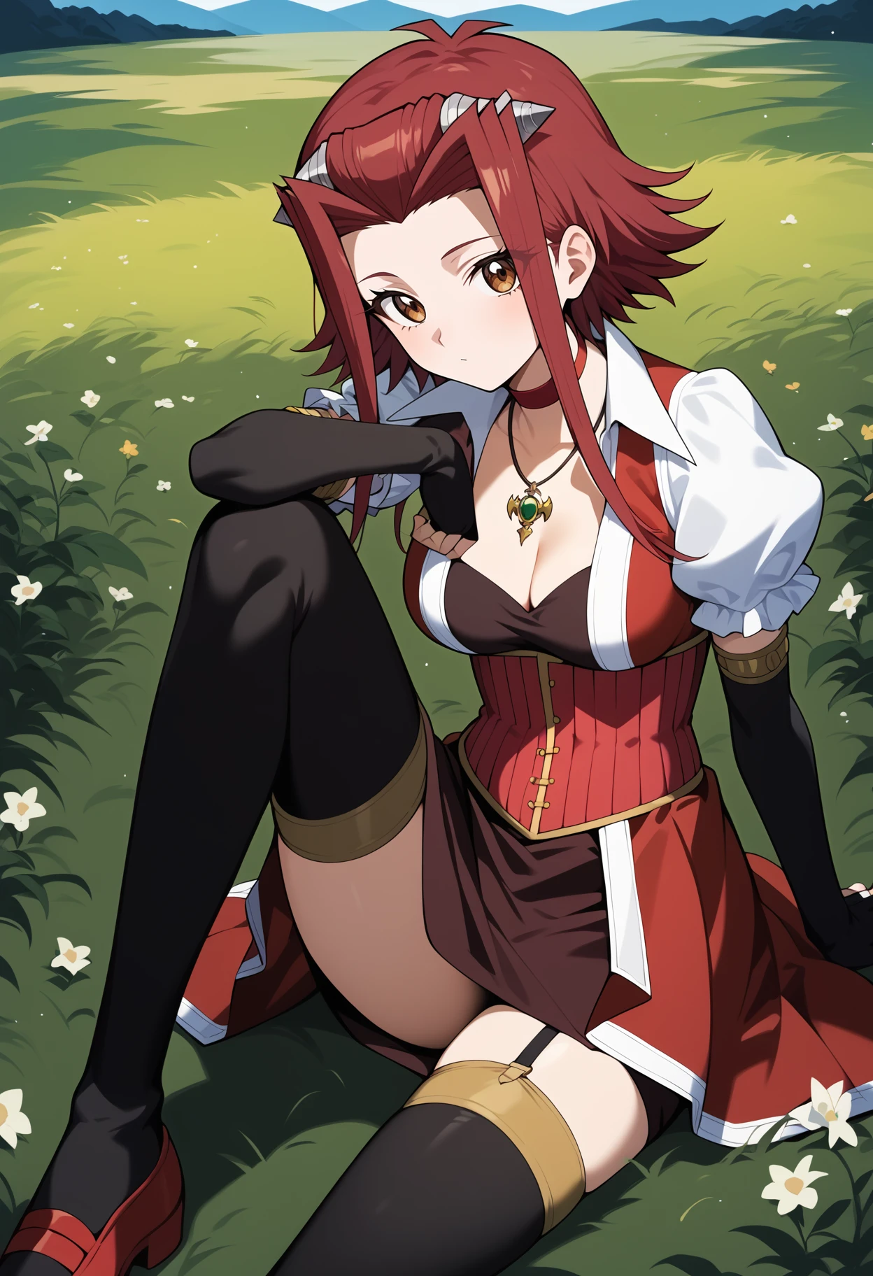 score_9, score_8_up, score_7_up, score_6_up, score_5_up, score_4_up, source_anime, aaaki, short hair with long locks, red hair, hair intakes, hair ornament, brown eyes, breasts, red choker, necklace, cleavage, red dress, puffy sleeves, short sleeves, elbow gloves, fingerless gloves, black gloves, corset, red skirt, garter straps, thighhighs, <lora:izayoi_aki_ponyxl_v1:0.9>, on floor, sitting, field, grass, red footwear, knee up,