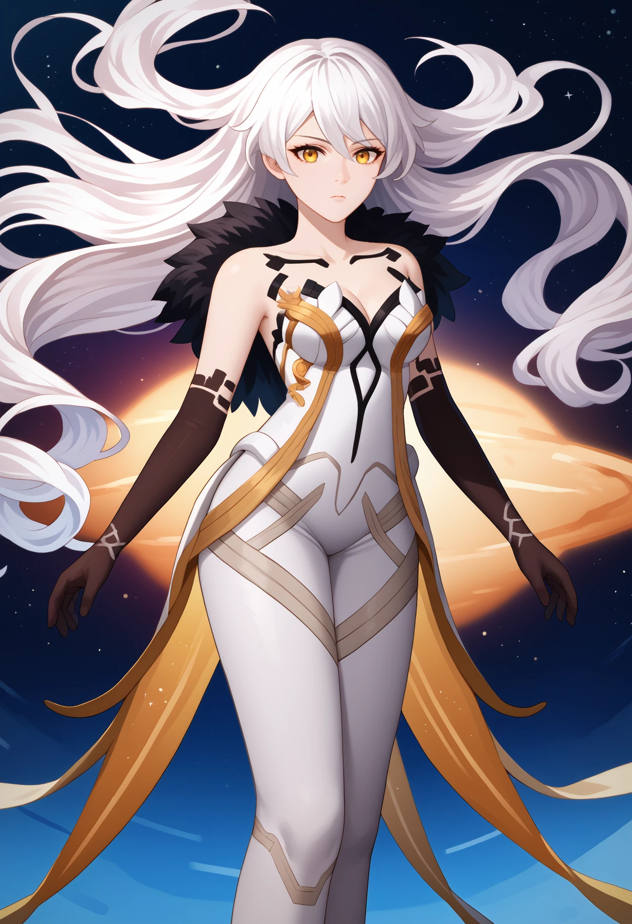 score_9, score_8_up, score_7_up, source_anime, <break> solo, 1girl, unkwngd, expressionless, looking at you, floating, long hair, white hair, yellow eyes, dress, white bodysuit, fur collar, black gloves, elbow gloves, bare shoulders, cleavage, outer space
<segment:yolo-face_yolov8m.pt,0.4,0.5//cid=1>