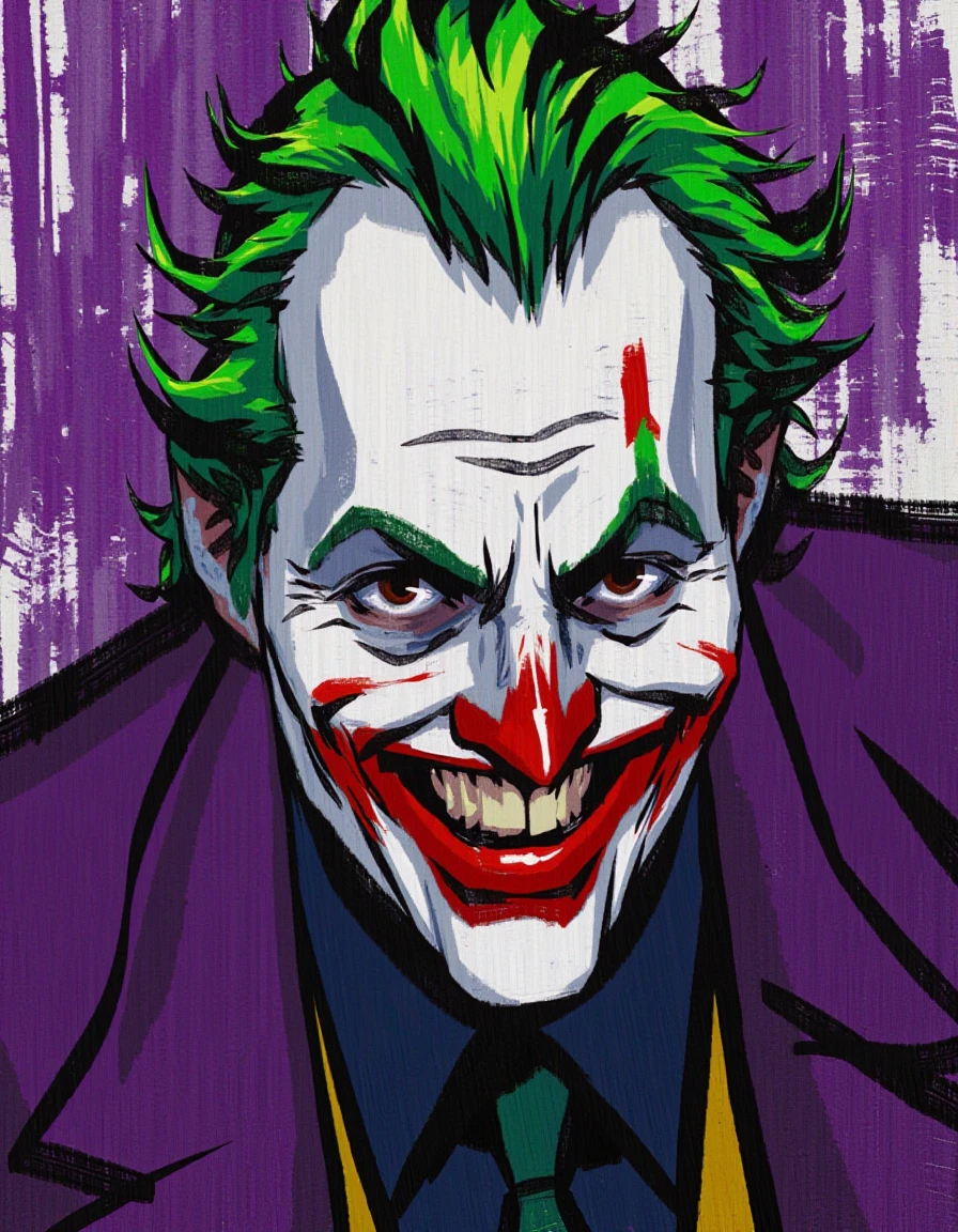 In a striking abstract expressionist headshot portrait of The Joker, also known as Arthur Fleck, the chaotic energy of the character comes alive through a whirlwind of harsh brushstrokes that seem to reflect his turbulent psyche. Vivid splashes of deep purple and electric green dominate the canvas, swirling around his distorted features, while jagged streaks of crimson hint at the underlying madness that fuels his laughter. The background, an explosion of chaotic patterns and erratic shapes, conveys a sense of urban disarray, mirroring Gotham's volatile environment that shaped him.

His piercing, manic eyes are rendered with sharp contrasts, the irises bright and almost luminescent against the muted tones of his pale skin, revealing a flicker of sorrow beneath the gleeful malevolence. The jagged edges of the brushwork around his smile exaggerate its curvature, emphasizing the unsettling duality of his character — a blend of humor and horror. As if echoing his laughter, the texture of the paint is both thick and raw, inviting the viewer to consider the complexities of his identity and the emotional turmoil lurking beneath the surface. The entire composition pulsates with a frenetic energy, leaving an indelible mark that captures both the artistry of madness and the sorrow inherent in his existence.