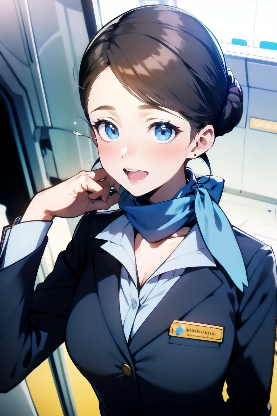 1girl, cute ice blue eyes, laugh, dark brown hair, (chignon hair:1.2), thick, large breasts, cleavage, long sleeves, formal suit, (stewardess clothing), silk_scarf_2d, <lora:silk_scarf_2d_v1:1>, name_badge, leaning back, rule of thirds, upper body shot, plane interior, at the airport, (masterpiece:1.4), extremely detailed, (high resolution), (best quality),