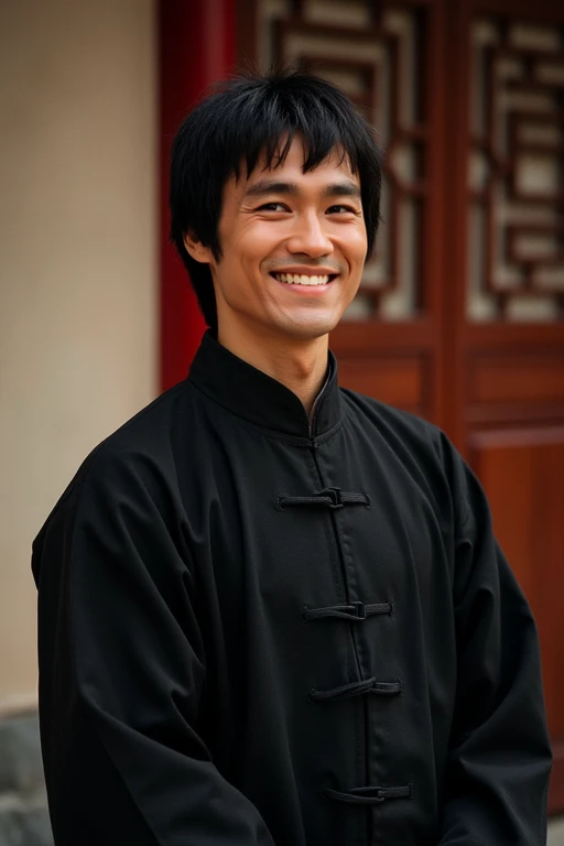 shaolinabbot_brucelee, a chinese shaolinabbot_brucelee man, brucelee, 1boy, male focus, ((solo)), black hair, dressed in traditional black Chinese martial arts attire, standing, (((portrait, close up, seen from up close))), smile, happy, <lora:ShoalinAbbot_BruceLee_ETD_Flux:0.4>