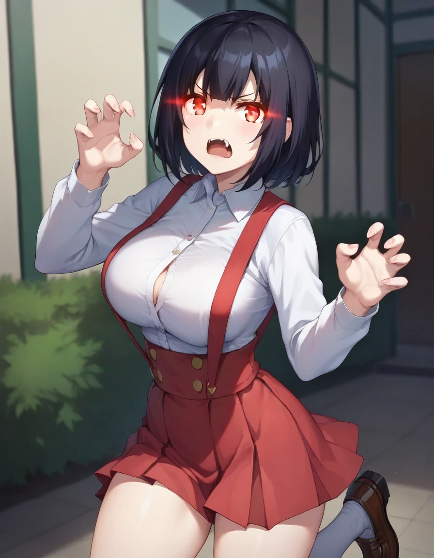 score_9,score_8_up,score_7_up,score_6_up BREAK official art,solo,outdoors,cowboy shot,looking at viewer,facing viewer,angry,frown,pale skin,Hiraki Hanako,short hair,black hair,bangs,glowing eyes,red eyes,open mouth,fangs,school uniform,collared shirt,white shirt,long sleeves,claw pose,large breasts,high-waist skirt,suspenders,red skirt,thick thighs,white socks,loafers,<lora:Hiraki Hanako(th vs se)-Pony:1.3>,<lora:Smooth Anime Style LoRA XL:0.8>,