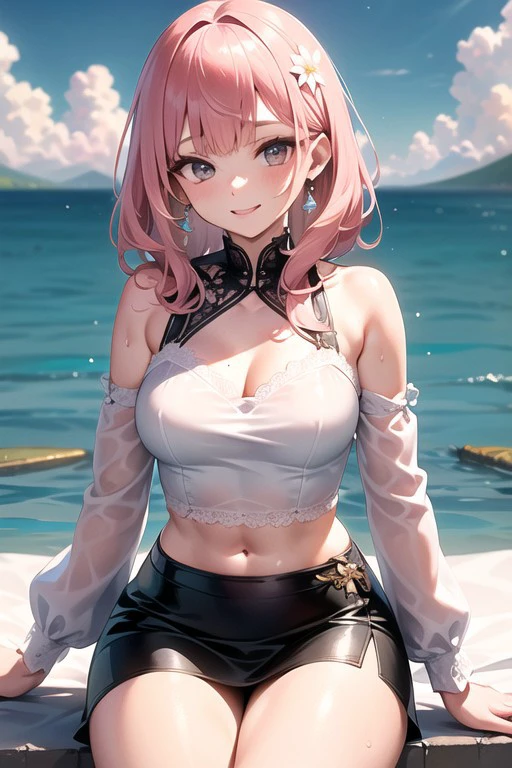 (masterpiece, highest quality), intricate details, thin, ((slim)), beautiful girl, light pink hair, white skin, blue eyes, sharp jaw line, cropped jacket, messy hair, d cup bust、cleavage