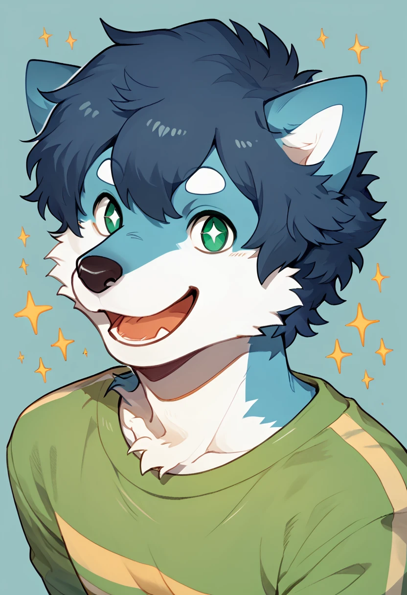 score_9, score_8_up, score_7_up, high quality, hires, solo, minty, mintelon_dog_oc, mintealon, furry, solo, dog boy, blue fur, short hair, blue hair, green eyes, shirt, looking at viewer, happy, sparkles, <lora:Minty_Dog_Mintealon_OC:1>