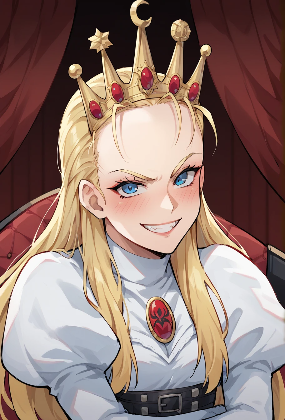 score_9, score_8_up, score_7, 2d, aesthetic, source_cartoon, BREAK, solo female focus, portrait, 1girl upperbody, arms crossed, red silk curtains, throne room, evil lair, dark room, 1girl, devilotte, long blonde hair, hair slicked back, crown, blue eyes, white dress, puffy juliet sleeves, 
slight blush, smile, grin, furrowed brow, looking at viewer, warm lighting,