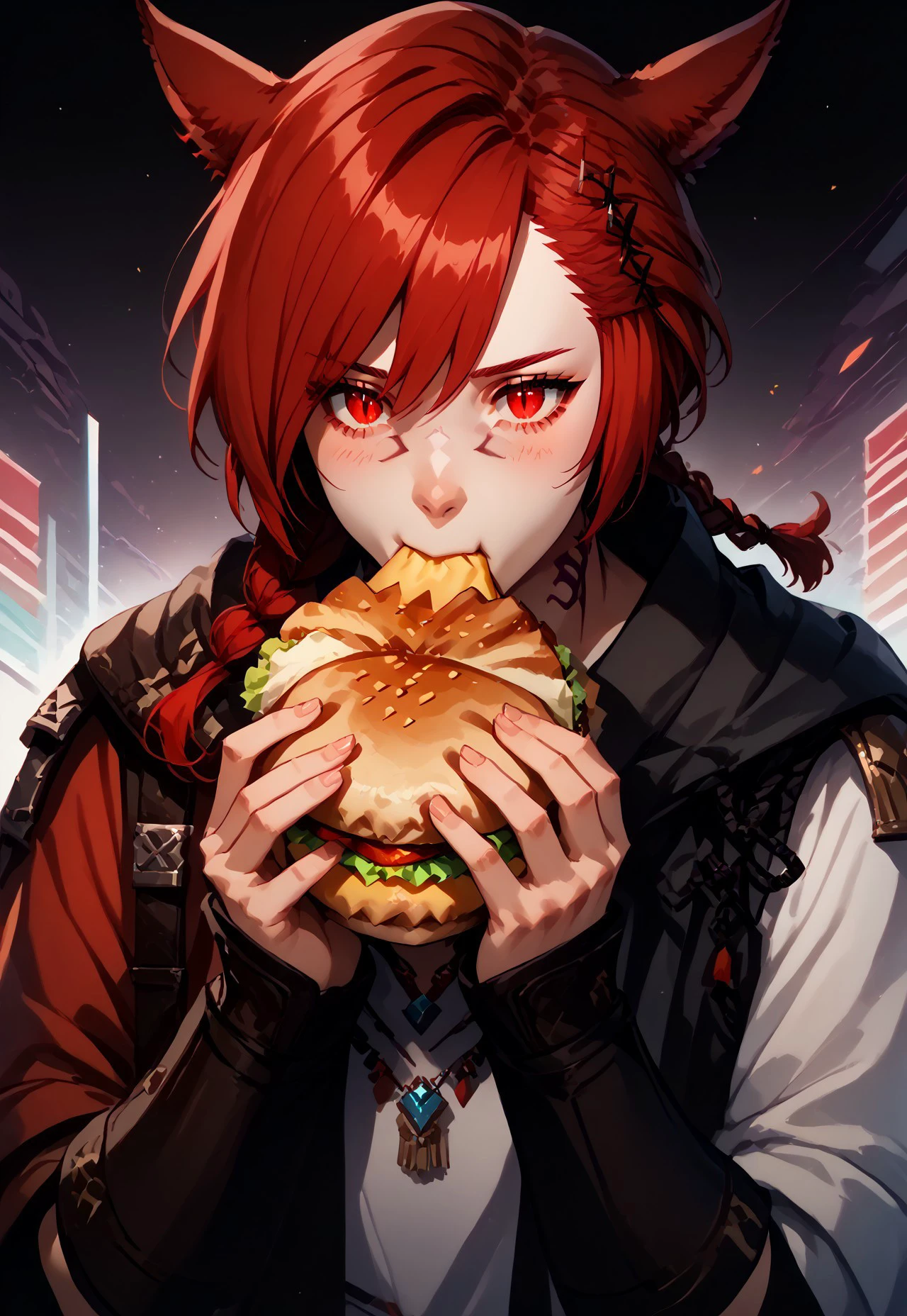 synxomix, eating, burger, looking at you, upper body , grahatiaffxivdsk, did vaporwave style, hair ornament, miqo'te, slit pupils, braided ponytail, red eyes, animal ears, x hair ornament, red hair, cat ears, braid, neck tattoo, swept bangs, illustration, comic art style, BREAK PonyXLV6_Scores