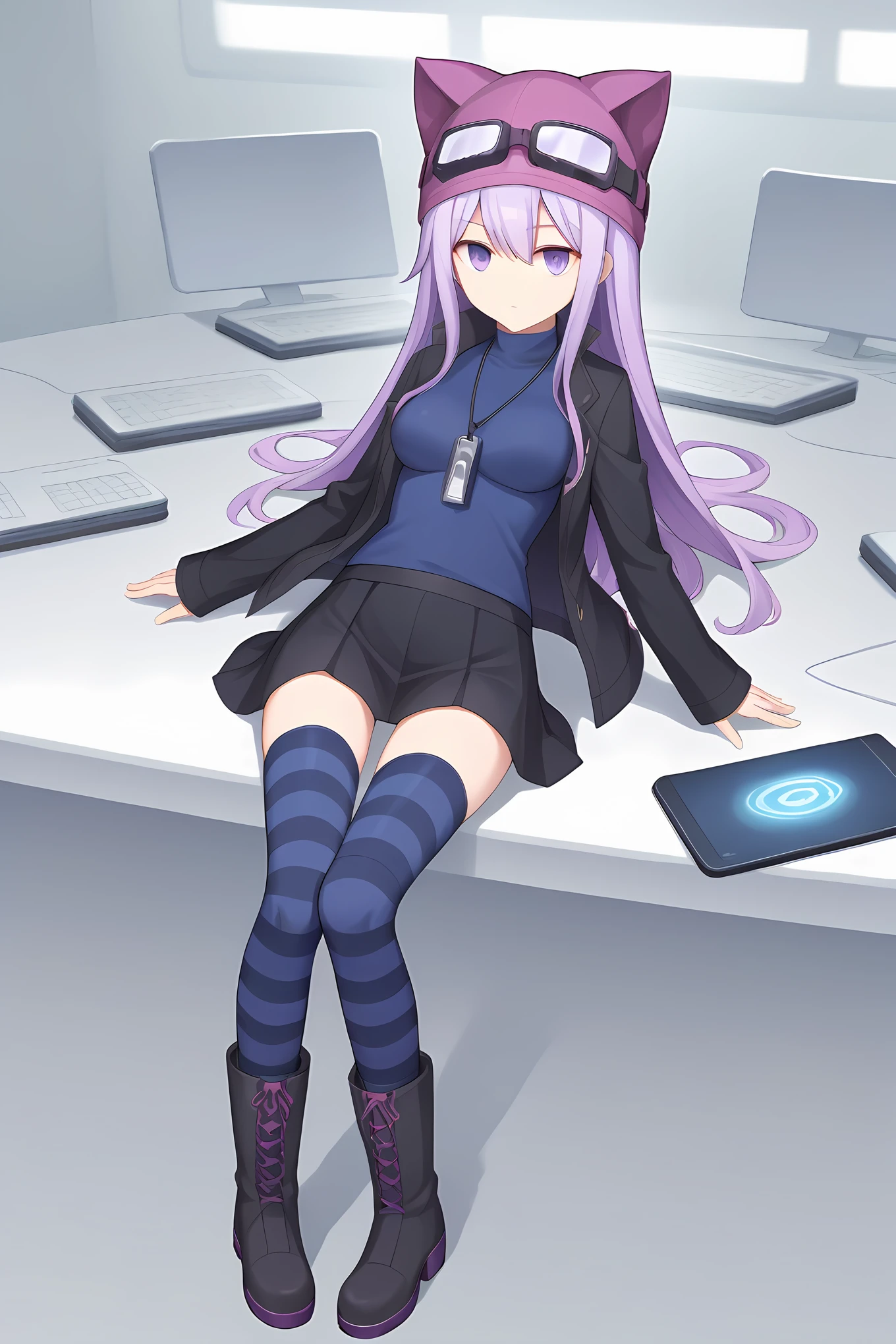 (black jacket blue shirt black skirt striped thighhighs black boots), dsc-sayo, purple hair, purple eyes, purple animal hat, goggles on head, medium breasts, 1girl, solo, skinny, score_9, score_8_up, score_7_up, score_6_up, score_5_up, source_anime, , computer, (1.3::full body|sitting|standing|lying|straight-on|0.6::close-up| :1.20), , <lora:dsc-sayo-V01-000004:0.70>