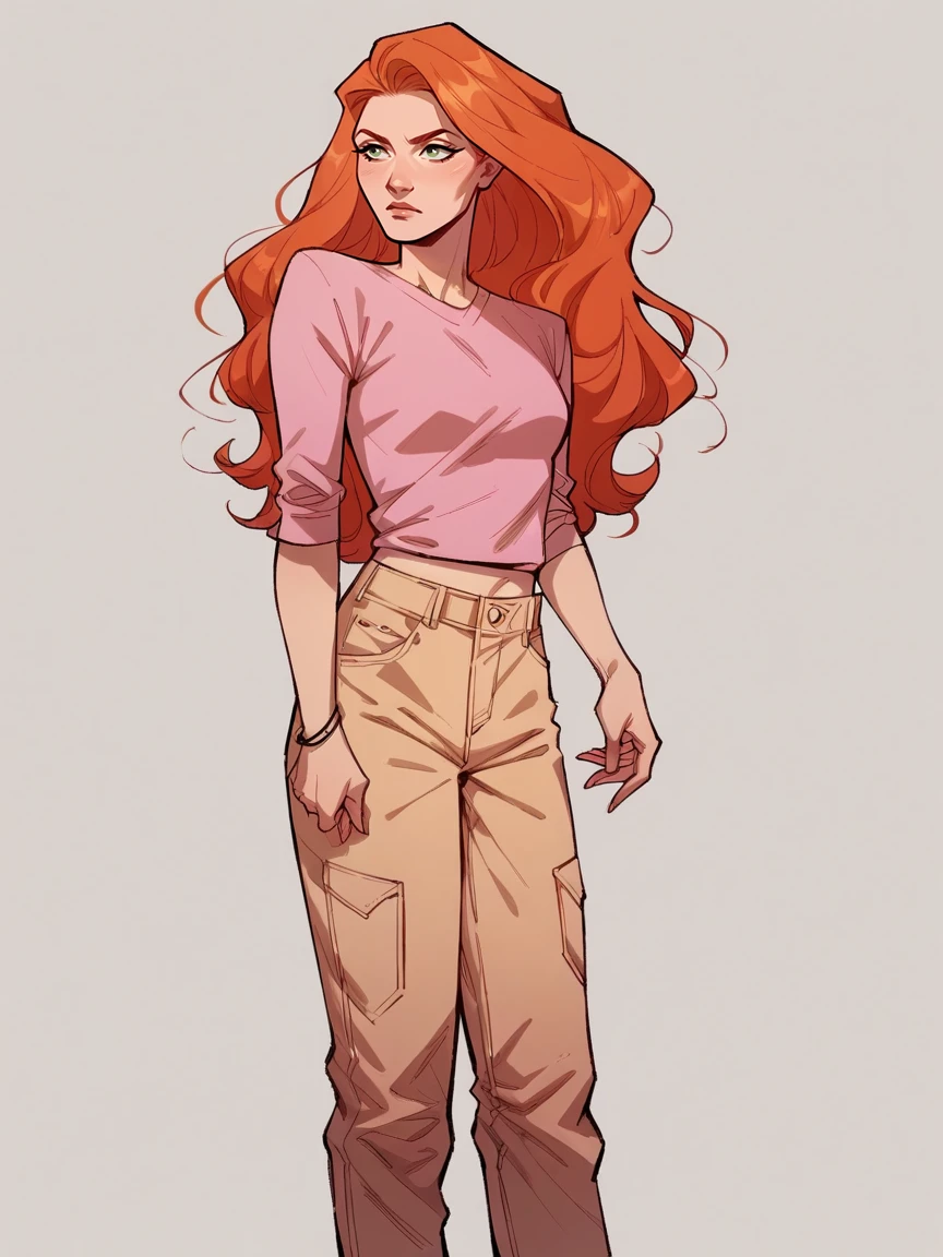 score_9, score_8_up, score_7_up, score_6_up, score_5_up,   <lora:JeanGreyXLP:1> jean grey, 1girl, long hair, orange hair, green eyes, pink shirt, pants