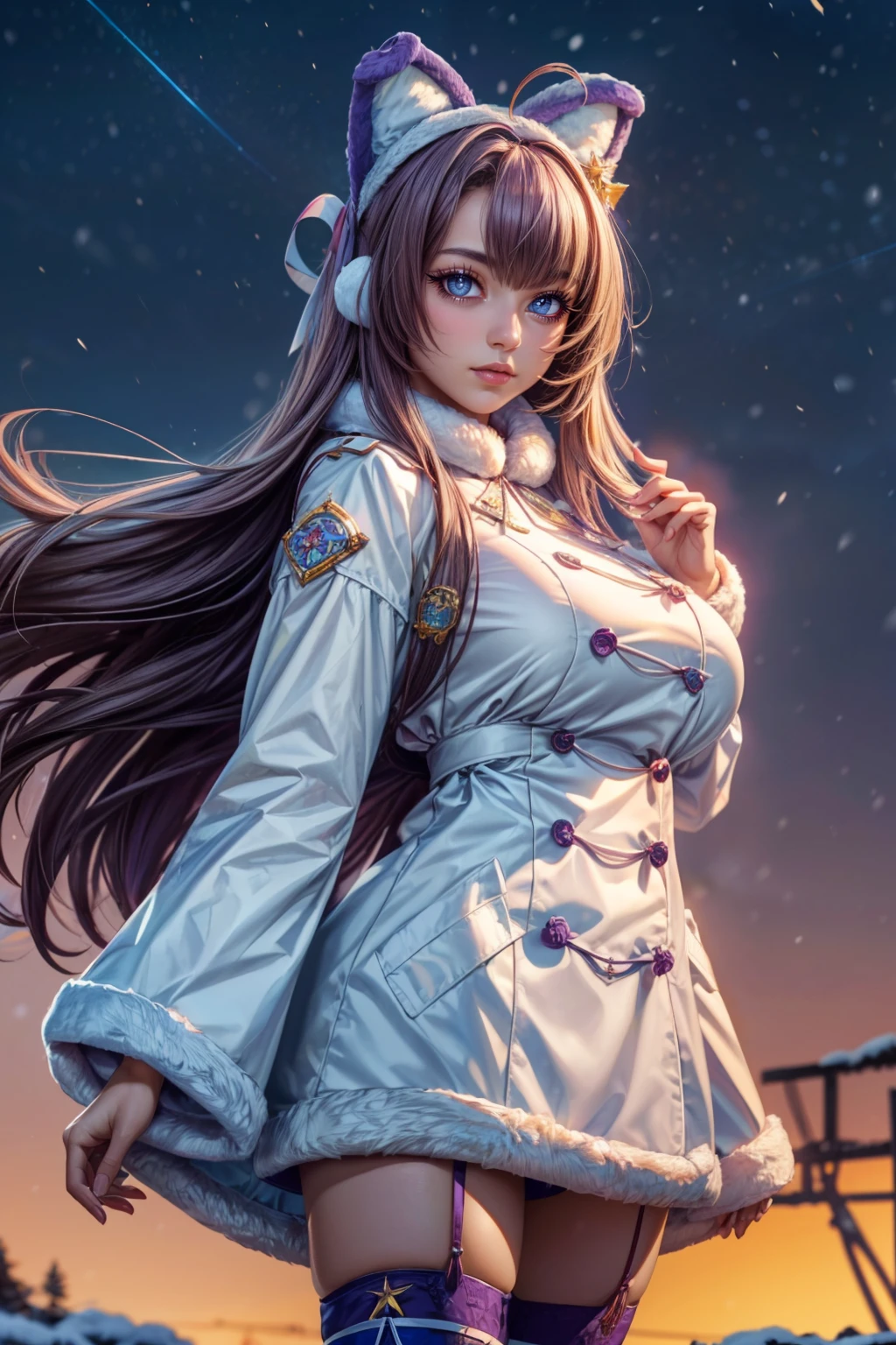 (ultra realistic,32k, masterpiece:1.2),(high detailed skin:1.1),( high quality:1.1), <lora:IllyasvielVonEinzbern_v1:0.7>, zzIllya, looking at viewer, night, outdoors, snowing, sky, BREAK,   <lora:Tashkent_Azurlane:0.7>, zzTashkent, long hair, purple hair, blue eyes, very long hair, bangs, animal ears, ribbon, hair ribbon, fake animal ears, hair ornament, dress, long sleeves, white coat, sleeves past fingers, white background, white thighhighs, winter clothes, brown sweater, ahoge, fur-trimmed sleeves,   BREAK,  blooming stars, luminescent petals, otherworldly fragrance blurry background, (looking at viewer, standing:1.1), huge breast, large breast, <lora:add_detail:0.92>, (glowwave:1.1),