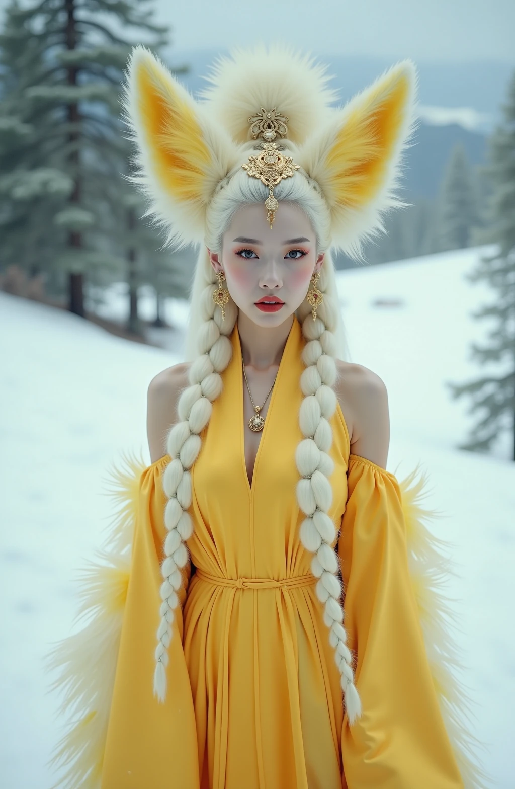 The Nine Tailed Fox, with nine oversized fluffy tails and white fox ears, stands out with makeup, Chinese clothing, hair accessories, jewelry, earrings, wide sleeves, and bare shoulders. It is sexy, seductive, and semi transparent on the snowy mountains. Filled with incredibly rich details, creating realistic visual effects. Realistic Photography, the image is a portrait of a young woman dressed in a traditional chinese costume. she is standing in a snowy landscape with trees in the background. the woman is wearing a long, flowing yellow dress with a high neckline and long sleeves. her hair is styled in a dramatic updo with large, pointed ears that are covered in yellow feathers. she has a pair of gold earrings and a necklace with a pendant. her makeup is dramatic with dark eyeliner and red lipstick. the overall mood of the image is dramatic and dramatic., Nine Tailed Fox