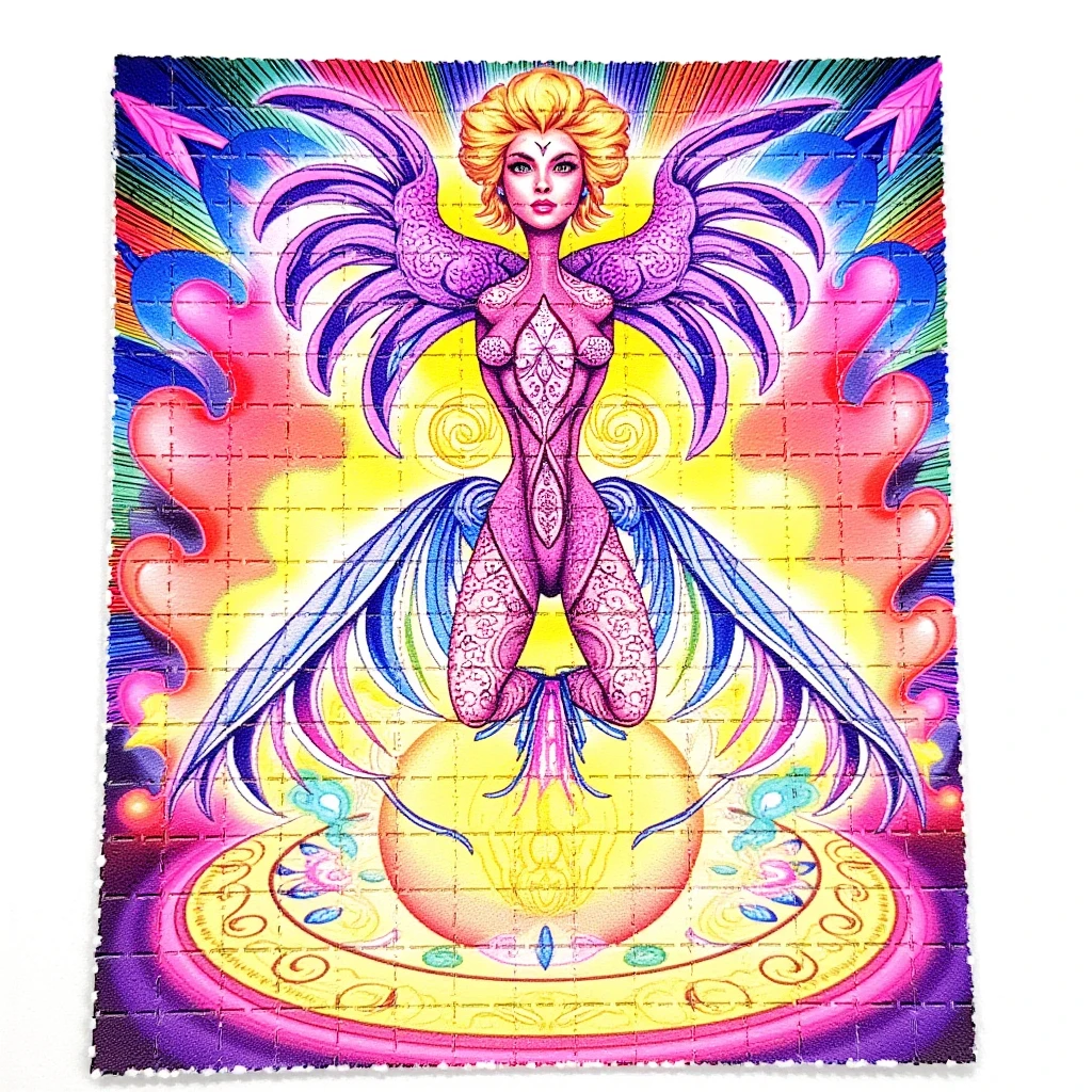 photo of blotter art paper featuring a psychedelic illustration<lora:lora:1>