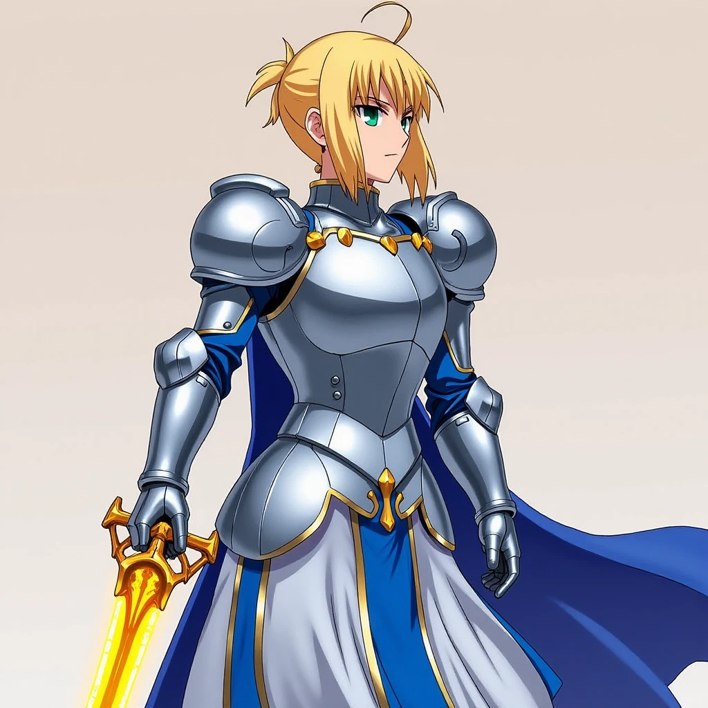 Anime style, sharp, high contrast and highly detailed. Ghibli anime style. Perfect anatomy. Perfect body ratio. No oversized head. No blurry, out of focus pictures. No simple background, no single color background.
 <lora:Atoria Pendragon_epoch_7:1>, 
A portrait of atoria. She has blonde hair. 
She dressed in a full suit of armor, prominently displaying a blue and white flowing gown beneath her metal plating. She holds a glowing sword in a battle-ready stance, with her blonde hair tied in a simple yet elegant style. Her armor is intricately detailed, covering her arms, torso, and legs, while the long, regal blue dress beneath adds a sense of nobility and grace. The character exudes strength and readiness, her expression focused and determined, fitting for a warrior prepared for combat. Full body.