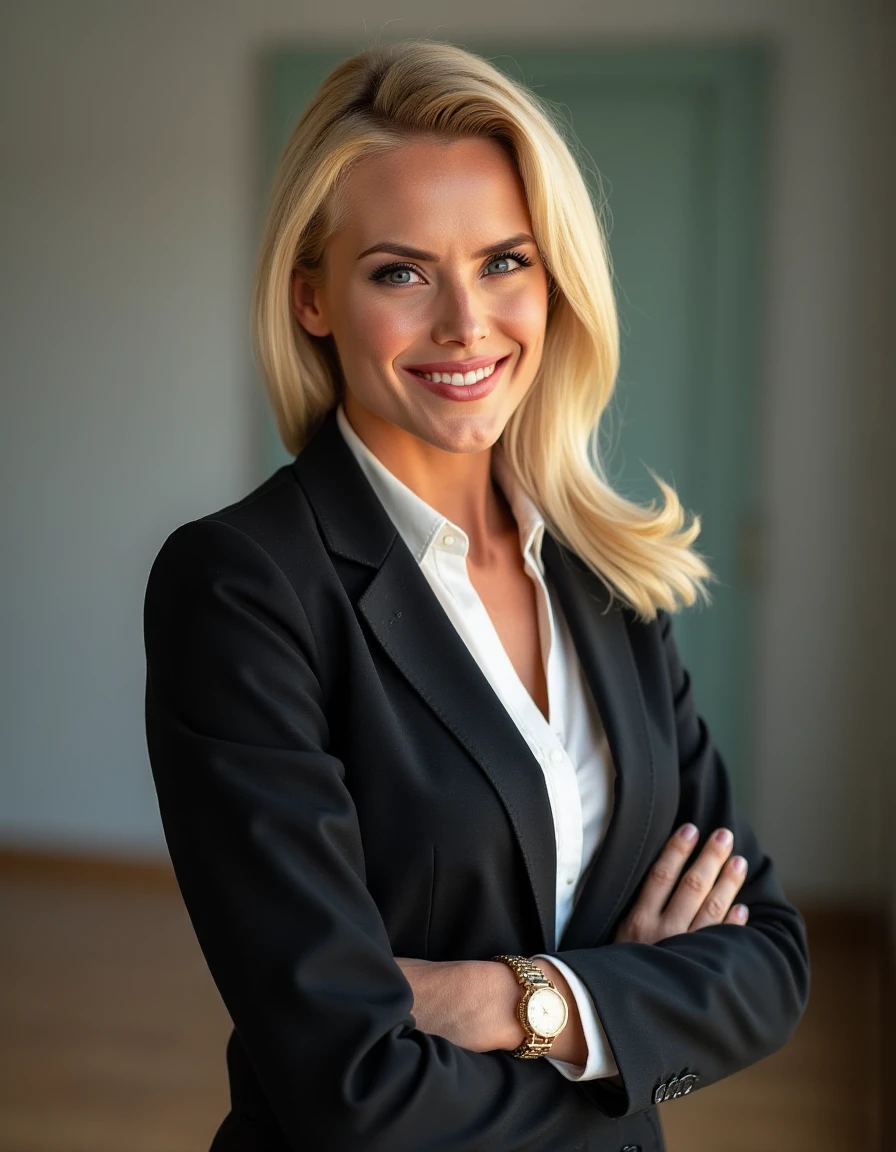 photo of a blonde female in conservative suit <lora:GLN-step00001500:1.3>