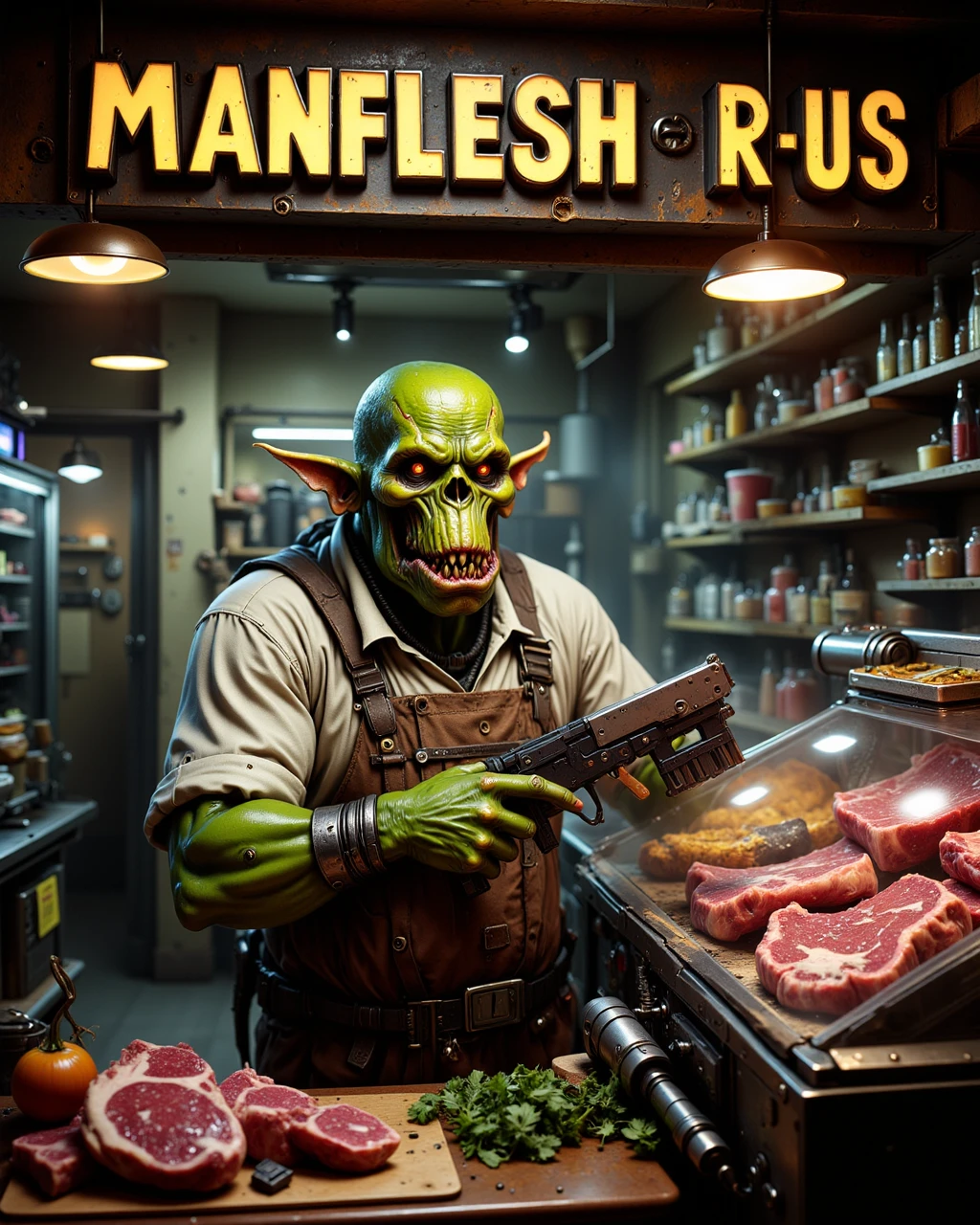 green-skinned ork butcher behind the deli counter of a store called 'MANFLESH R US', typed with thick letters