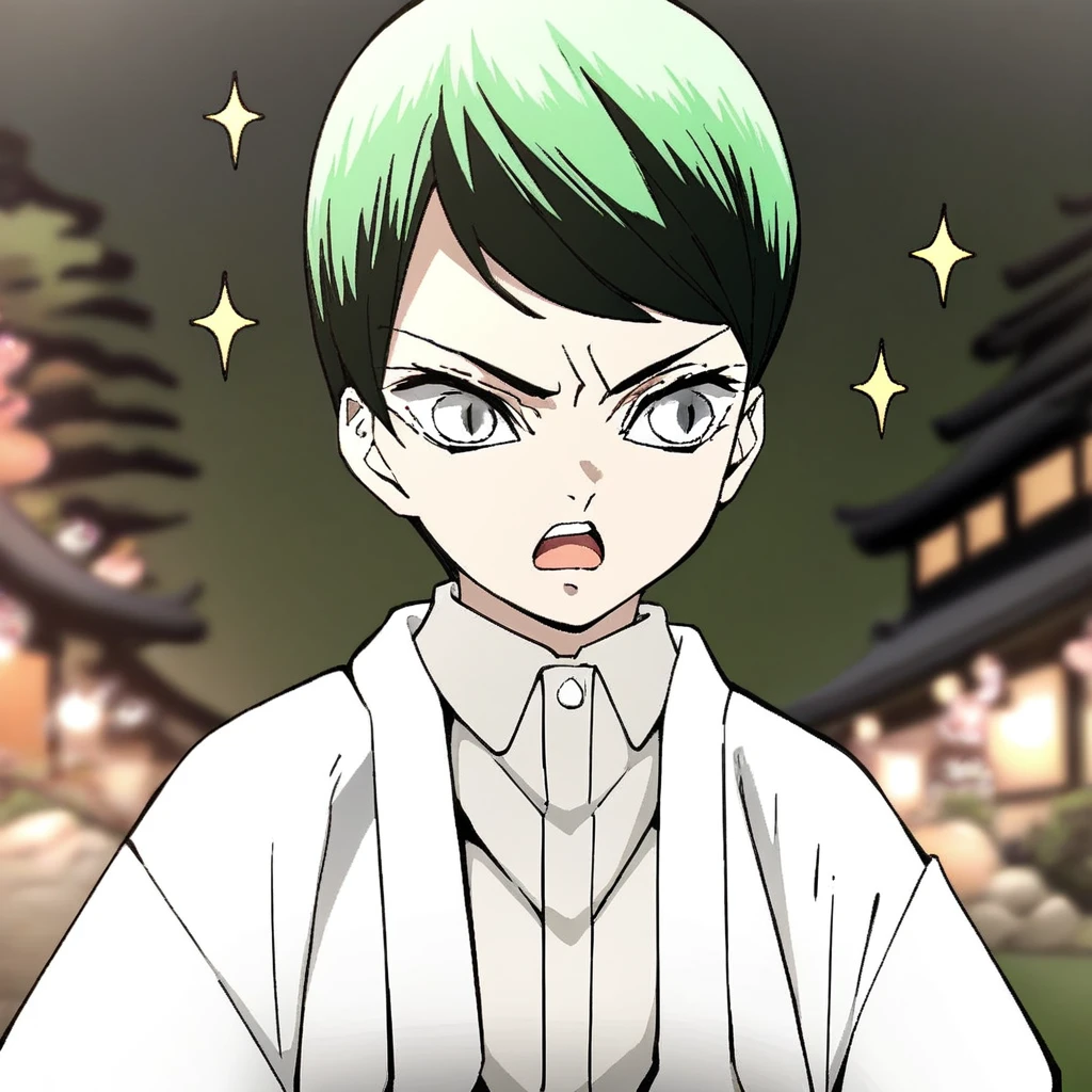 simple background, outdoors, blurry, short hair, upper body, bangs, two-tone hair, green hair, portrait, grey eyes, open mouth, tabi, sparkle, night, solo, shirt, black hair, frown, hakama, collared shirt