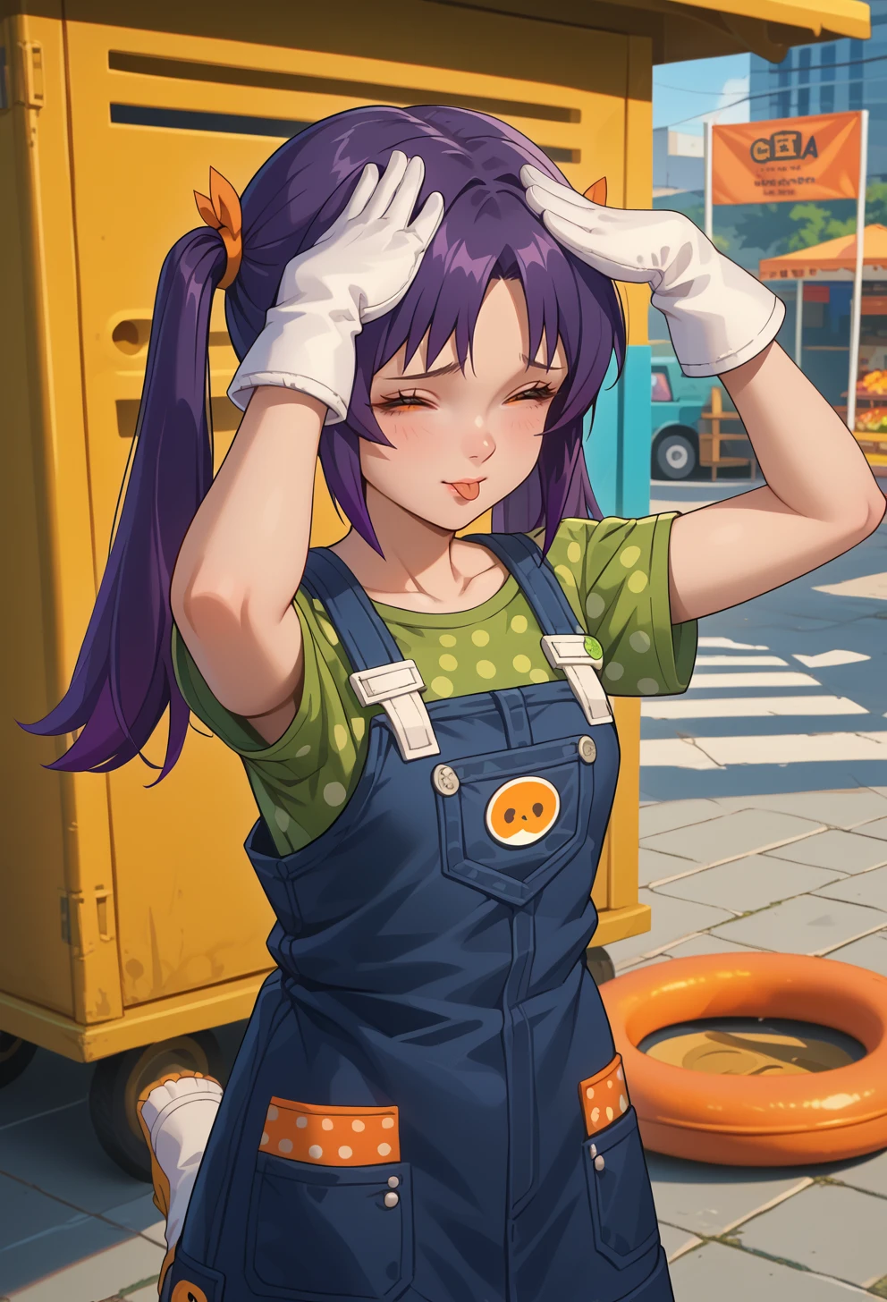 score_9, score_7_up, source_anime, BREAK <lora:AESjal:0.7> AESjal, orange eyes, long hair, purple hair, sidelocks, twintails, hair ribbon, orange ribbon, badge, blue overalls, green shirt, polka dot shirt, short sleeves, white gloves, overall skirt, capri pants, boots, yellow footwear, portrait,   <lora:AhEtoBlehMeme_pdxl_Incrs_v1:1> AhEtoBlehMeme, closed eyes, tongue out, :p, hands on own head, smile