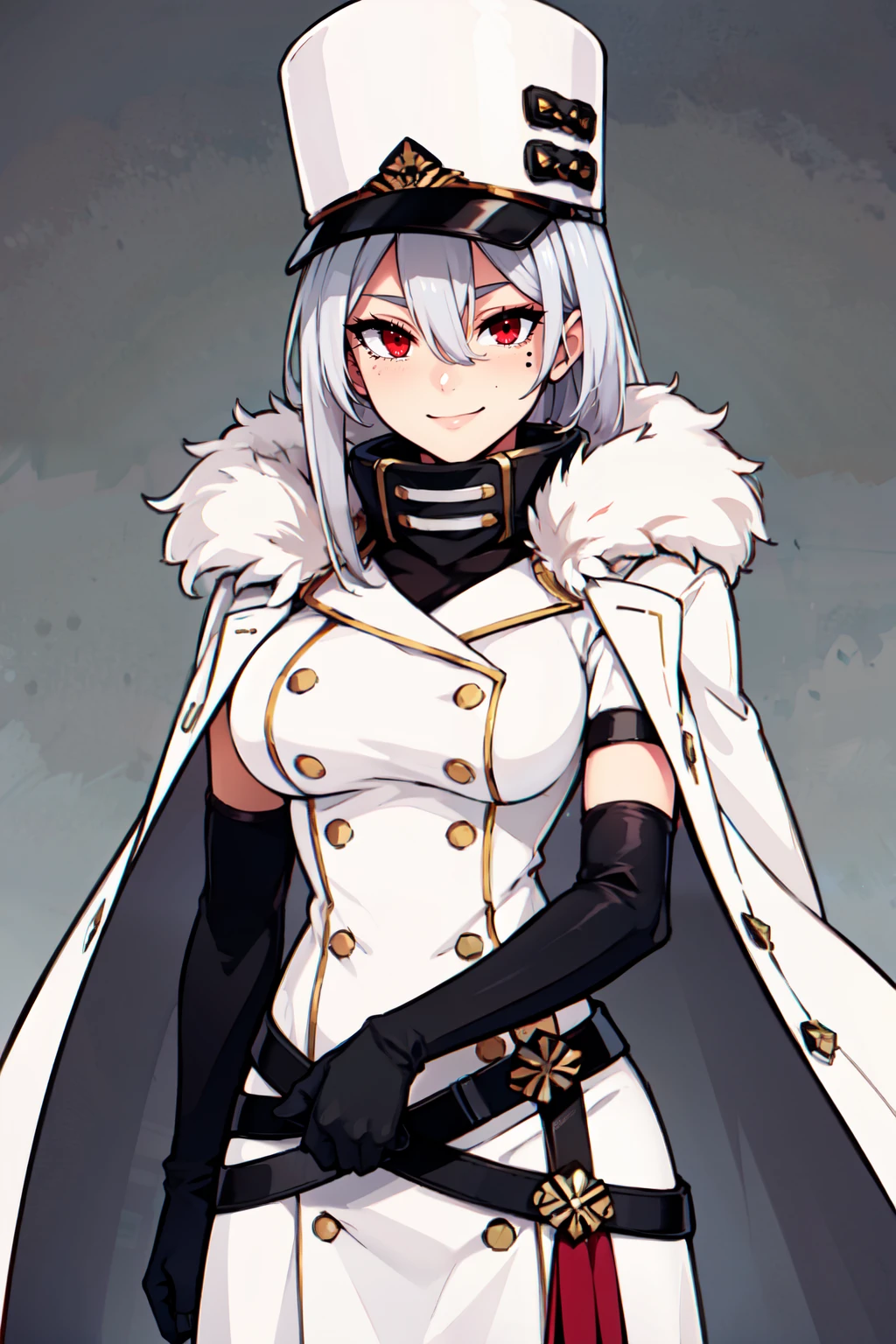 ((masterpiece,best quality)), absurdres,   <lora:Rossiya_Azurlane:0.8>, zzRossiya, long hair, red eyes, hair between eyes, white hair, mole, very long hair, mole under eye, bangs, grey hair, hat, white headwear, military hat, black gloves, double-breasted, fur-trimmed coat, high collar, white coat, belt, elbow gloves,   ,,, cowboy shot, smile, looking at viewer,