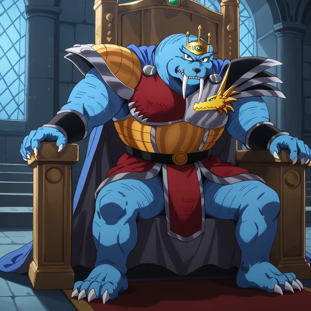 Borahorn, solo, beastman, male, black eyes, 2d, anthropomorphic walrus, armor, blue skin, muscular, walrus-like, kind of crown placed on the head, cape, dark gray cape with a blue interior, shoulder armor, dragon emblem, fantasy, large claws, claws, warrior, fangs, 4 toes, 4k, masterpiece, best quality, highly detailed, detail background, Borahorn sitting on a stone throne with one hand resting on the armrest and the other holding a goblet, a dark room lit by the light of a bonfire in the center, with dancing shadows on the walls.