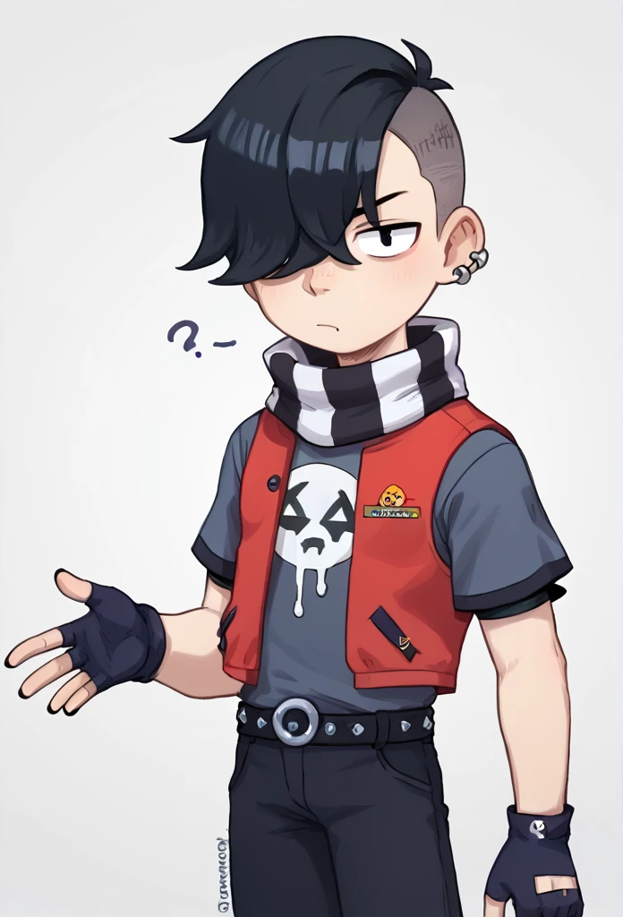 score_9, score_8_up, score_7_up, BREAK,  <lora:bsedgar:1>bsedgar    , 1boy , red vest , short hair , black hair, hair over one eye, ear piercing, solo,striped scarf  grey shirt,  short sleeves, belt , black pants ,black gloves,  looking at viewer,   fingerless gloves, black nails,  <lora:PossumMachine:1>posmach   ,confused,