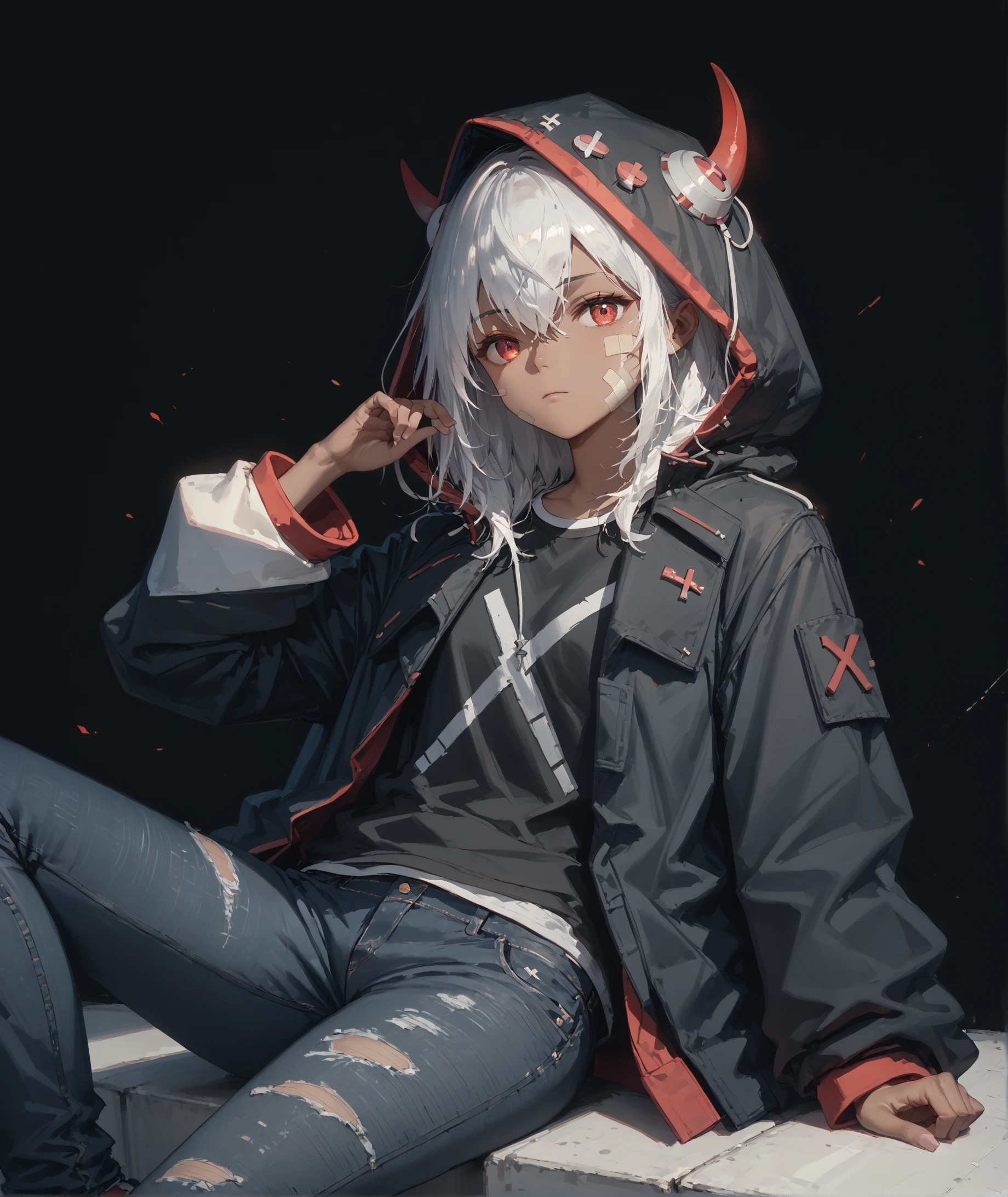 score_9, score_8, score_7_up masterpiece, amazing quality, hyper detailed, high resolution, highres, (embedding:zPDXL3:1.1),


Ivy, 1girl, solo, dark skin, white hair, hair between eyes, bangs, red eyes, bandaid, black jacket, hooded jacket, horns, blank black shirt, black jeans, cowboy shot, sitting, black background, simple background, looking at viewer,