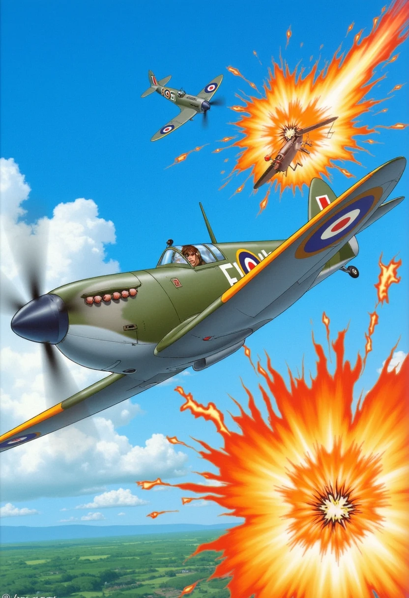 A dramatic, 1990s anime-style image of a Supermarine Spitfire Mk XIV dogfighting over the skies of France. The scene is set against a bright blue sky with stylized clouds, as the Spitfire performs an acrobatic maneuver to avoid enemy fire. The animation features exaggerated motion lines, vibrant colors, and intense facial expressions from the pilot. The enemy plane explodes in a massive, fiery burst, with over-the-top sound effects typical of 90s anime. The scene is filled with high-energy action.