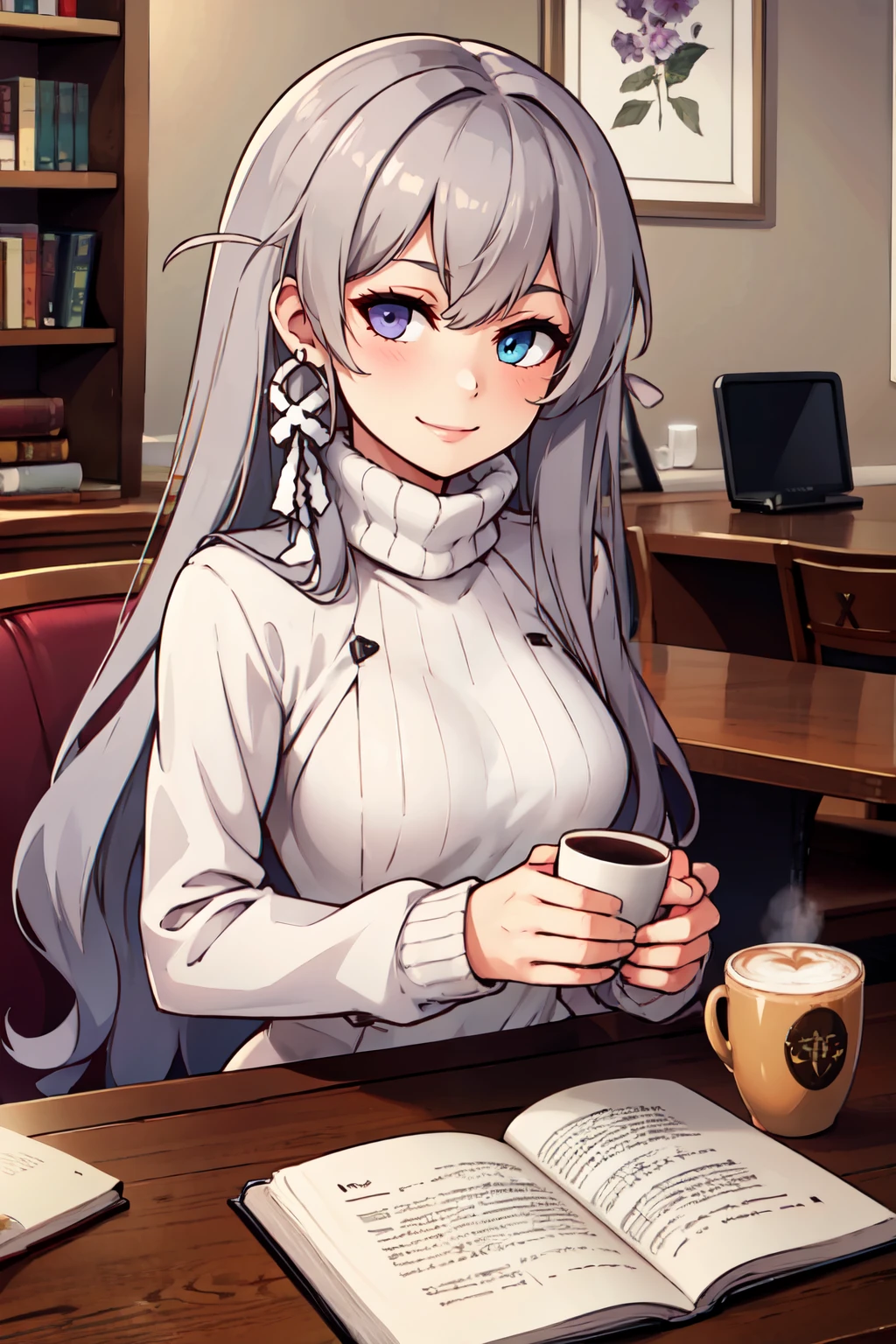 ((masterpiece,best quality)), absurdres,  BREAK, , <lora:Murmansk_Azurlane:0.8>, zzMurmansk, long hair, purple eyes, heterochromia, blue eyes, bangs, grey hair, , BREAK, turtleneck sweater, earrings, library, cup of coffee, sitting at table, BREAK, solo, smile, looking at viewer, cowboy shot,