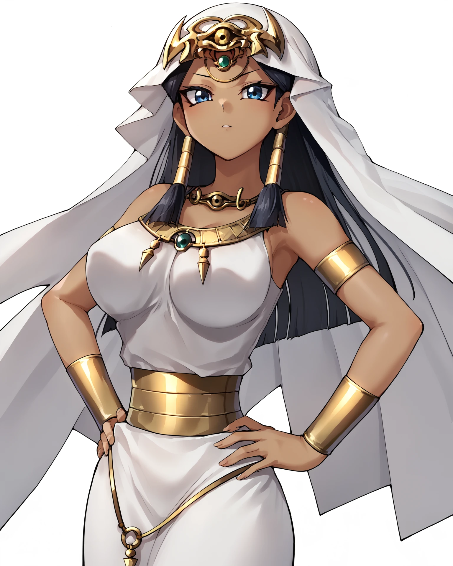 score_9, score_8_up, best quality, masterpiece, 2d, intricate details, official style, anime, 4k, anime style, 
1girl, solo, female, long hair, blue eyes, black hair, hair tubes, dark skin, dark-skinned female,
breasts, large breasts,
dress, jewelry, sleeveless, white dress, veil, armlet, bracer, forehead jewel, egyptian, egyptian clothes, eye of horus,
hands on own hips, cowboy shot, foreshortening, looking at viewer, simple background, white background, <lora:Ishizu_Ishtar1024_Pony:1>, ishizu ishtar, yu-gi-oh!,