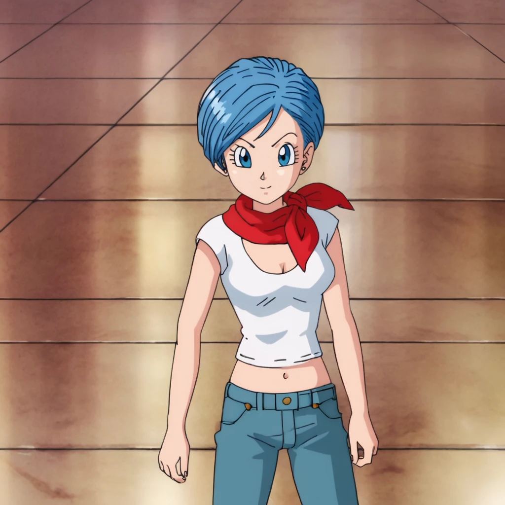 <lora:bulmadragonball_pony_v1:1>Bulma, 1girl, solo, blue hair, blue eyes, short hair, jeans, pants, denim, midriff, neckerchief, cowboy shot, looking at viewer, thick body