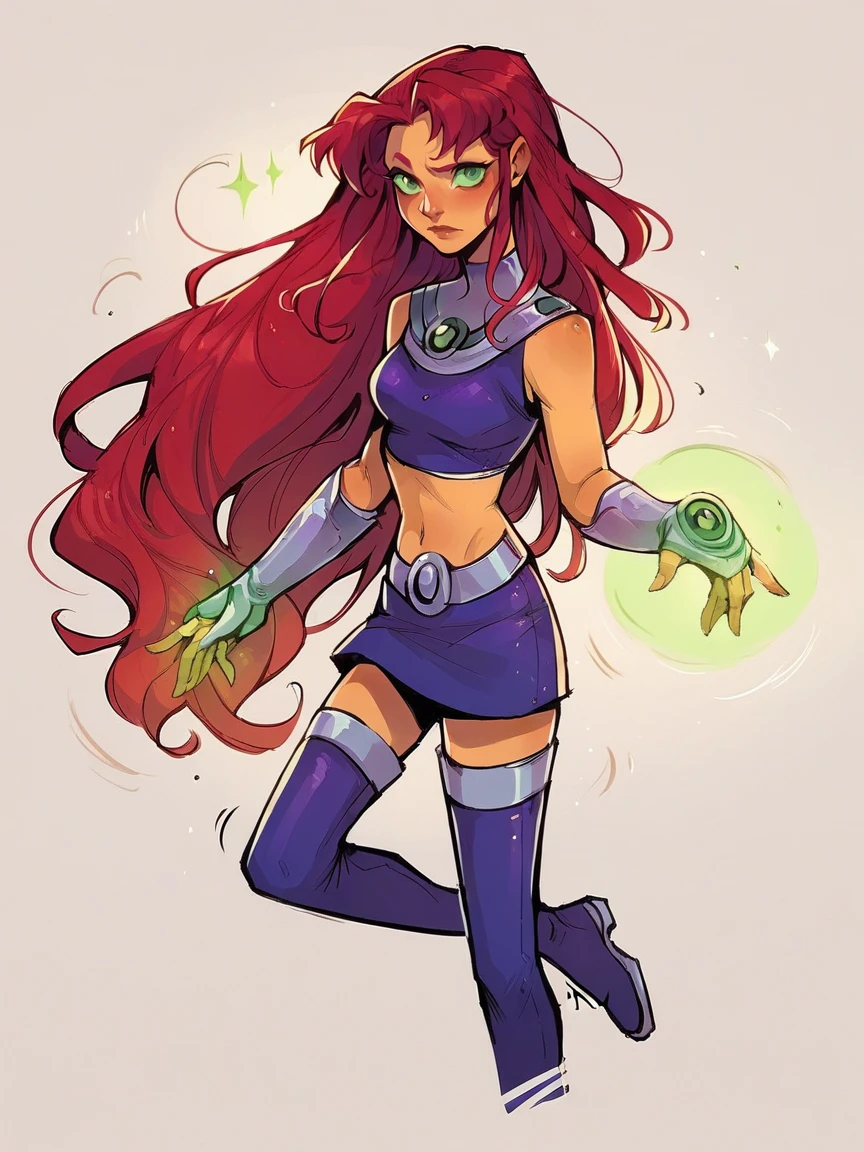 score_9, score_8_up, score_7_up, score_6_up, score_5_up,  <lora:StarfireXLPv2:1> starfire, 1girl, long hair, red hair, green eyes, solo, midriff, skirt, thighhighs, orange skin, thigh boots, gloves