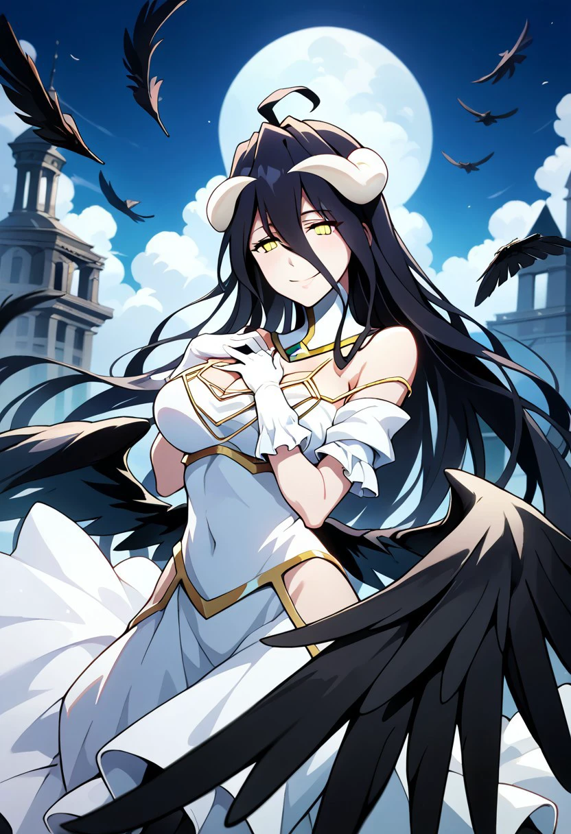 score_9,score_8_up,score_7_up,source_anime, albedo (overlord),1girl,solo,breasts,looking at viewer,smile,large breasts,gloves,dress,white gloves,white dress,hand on own chest,