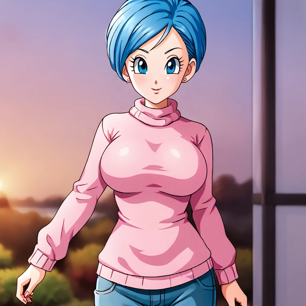 <lora:bulmadragonball_pony_v1:.8>Bulma, 1girl, solo, blue eyes, blue hair, large breasts,  short hair, eyelashes, cowboy shot, looking at viewer, thick body,sweater, jeans