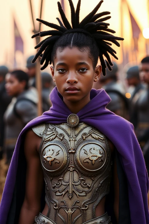 willowsmith, a high resolution photo of a willowsmith 1girl, 1girl, solo, dark skin, black hair, ((septum nose piercing, septum nose ring)), ((slender physique, small breasts, smallest chest, flat chest, she has a very small and tiny bust size)), she is fully clothed. Portrayed as a battle-hardened warrior queen rallying her troops, her ornate armor gleaming in the dawn light. Intricate engravings of mythical beasts cover her breastplate, a cape of deep purple billowing behind her. Her face shows fierce determination as she raises a jewel-encrusted sword. Black dreadlocks hair frames her features. <lora:WillowSmith_Flux:1>