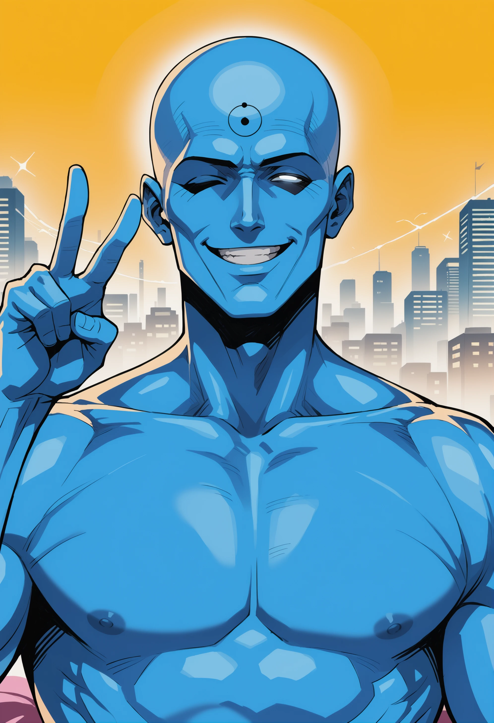 score_9, score_8_up, score_7_up, score_6_up, source_anime, 1boy <lora:Doctor_Manhattan:1.0> drmanhattan, bald,blue skin,glowing eyes, no pupils, (blinking eye), (peace sign), smile BREAK anime style, key visual, vibrant, studio anime, highly detailed