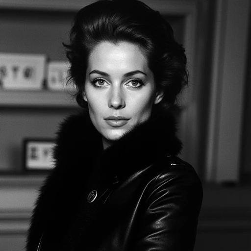 Woman, portrait, leather coat, looking at viewer, indoor, Jeanloup Sieff