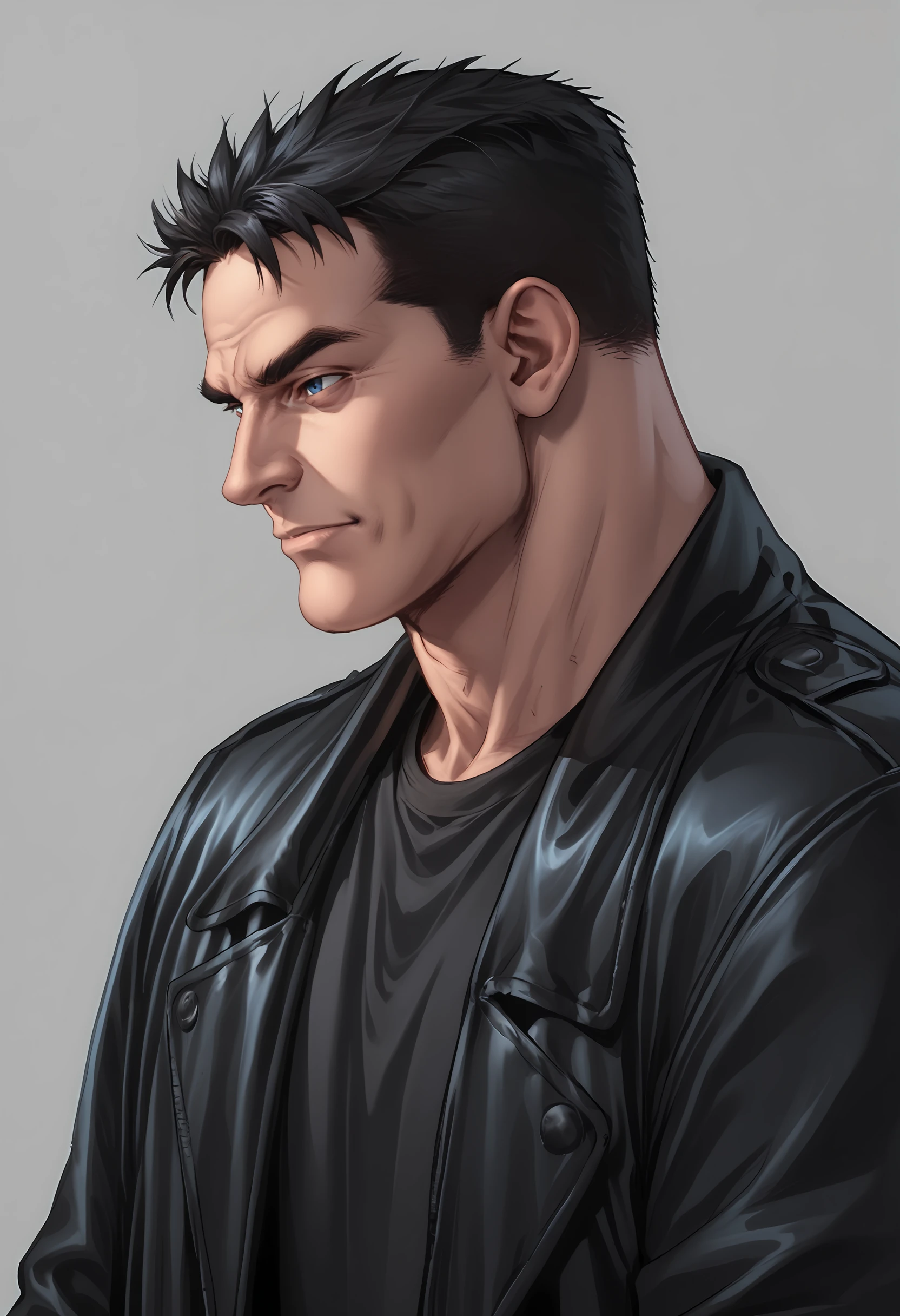 score_9, score_8_up, score_7_up, score_6_up, score_5_up, score_4_up, 1boy, <lora:BillyButcherComicsP:0.85>  male focus, black hair, short hair, blue eyes, jacket, shirt, black shirt, leather jacket, coat, manly, square jaw, muscular, from side,
simple background,