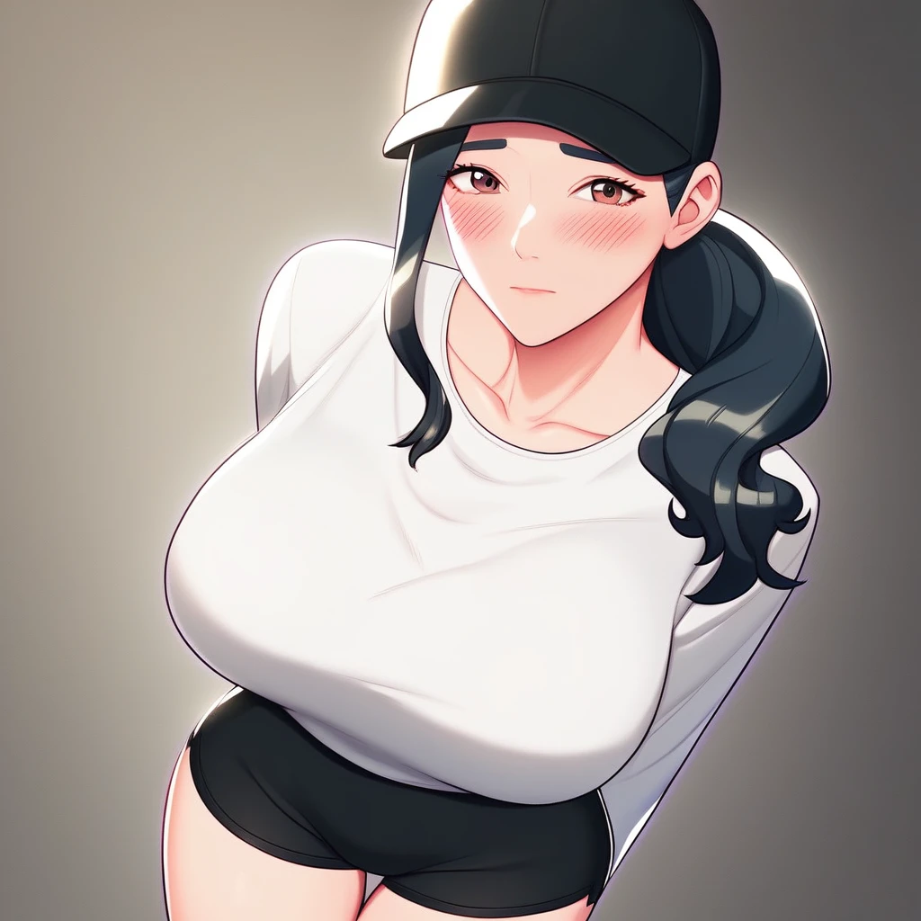 score_9, score_8_up, score_7_up, ASCII masterpiece, source_anime, BREAK, 1girl, solo, (( <lora:han_seol-hee:1> , han_seol-hee, thin waist, wide hips, beautiful skin, beautiful brown eyes, clear eyes, bright pupils, beautiful eyes, beautiful black hair, ponytail, beautiful long hair, huge and shaggy breasts, natural beauty, extraordinary beautiful woman, attractive woman, super sexy woman, lustful body, sexy woman with seductive obscene body, sensual body, voluptuous body, sexy beauty, no piercings, no piercing, makeup, )), ((black baseball cap, long sleeves white top, black sport shorts, )) , embarrassed, confused smile, sexy pose, blushing, closed mouth, hands behind back, looking at viewer, uncensored,