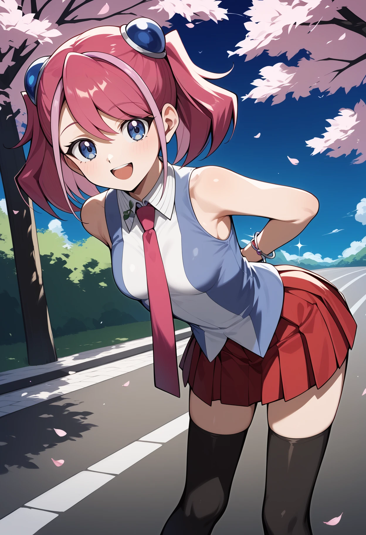 score_9, score_8_up, score_7_up, score_6_up, score_5_up, score_4_up, source_anime, aayuzu, multicolored hair, pink hair, short twintails, hair ornament, blue eyes, small breasts, pink necktie, sleeveless shirt, multicolored shirt, bracelet, pleated skirt, red skirt, black thighhighs, <lora:hiiragi_yuzu_ponyxl_v1:0.9>, smile, open mouth, standing, cowboy shot, leaning forward, bent over, outdoors, cherry blossoms, arms behind back, road,