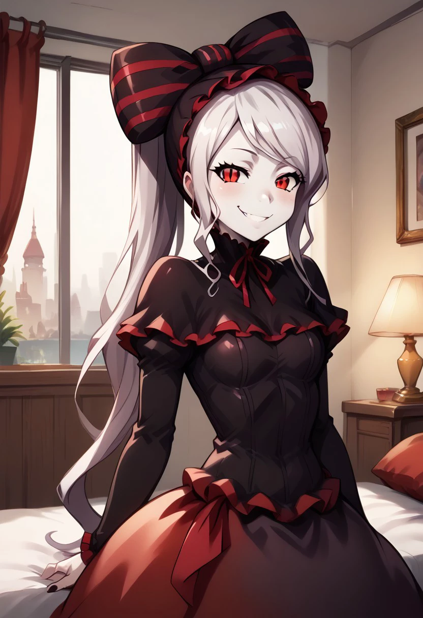 score_9, score_8_up, score_7_up, score_6_up, score_5_up, score_4_up, detailed face, girl, female, Home, room, ((sexy)),shalltear bloodfallen, vampire, 1girl, solo, red eyes, vampire, gothic fashion, gothic dress, bow, long hair, pale skin, smile