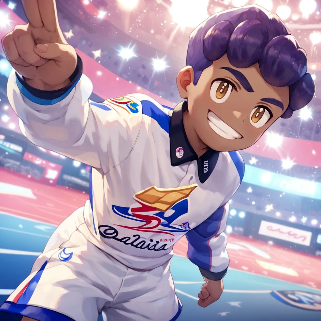 (masterpiece), score_9, score_8_up, score_7_up, score_6_up, score_5_up, score_4_up, 1boy, solo, Hop, dark purple hair, light brown eyes, dark skin, stadium suit, white shirt, white shorts, smile, V, stadium background