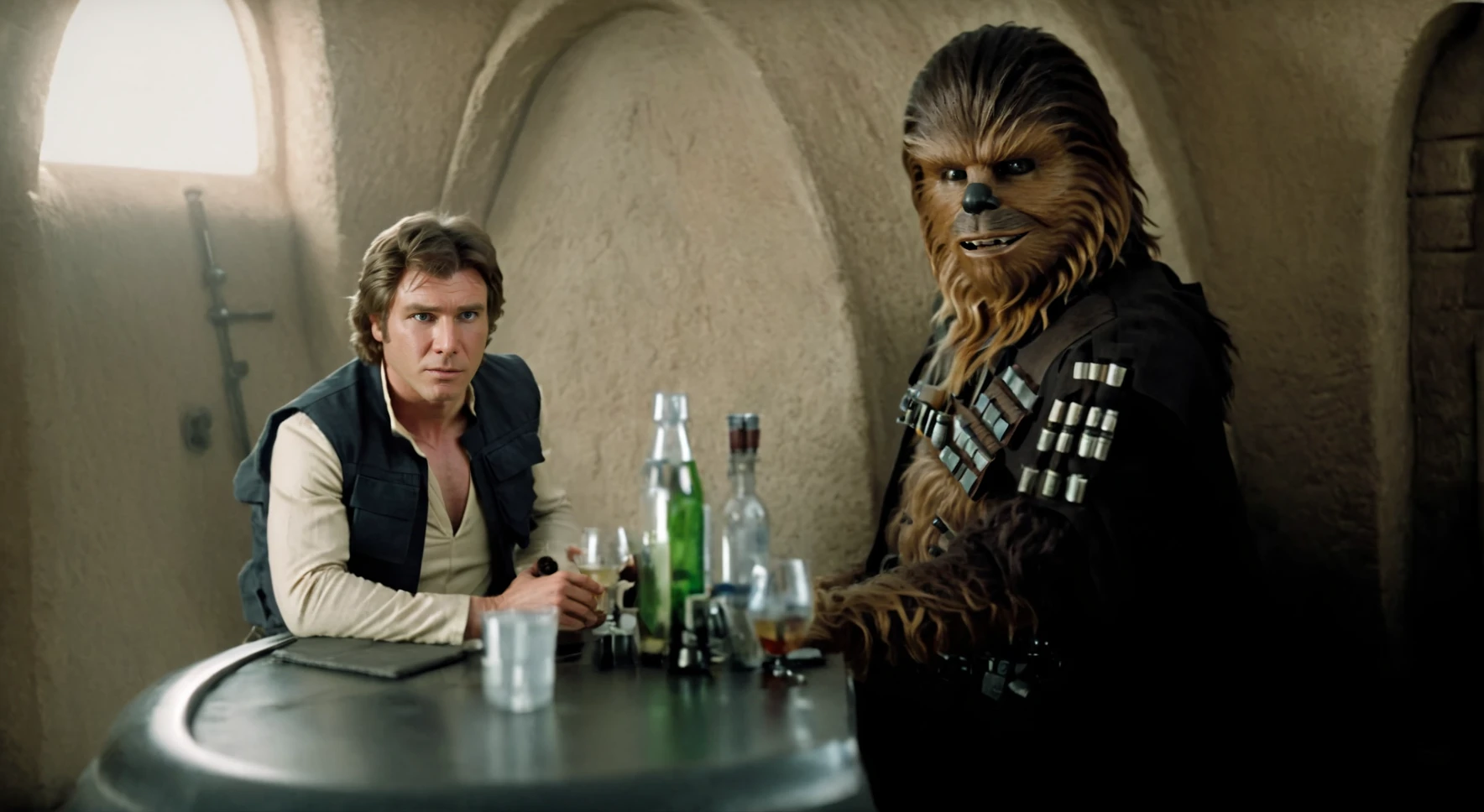 (close-up1.5) portrait of <lora:Han_Solo_Trilogy:1> Han Solo Trilogy sitting holding a drink next to Chewbacca in (((very dark smoky))) barroom in <lora:Mos Eisley:0.9> Mos Eisley, an oval-shaped bar occupies the center of a cantina bar, dramatic lighting, set under studio lighting, captured with a 5d camera, in HDR, 8k resolution, sharp focus, infused with a graphic novel aesthetic, cinematic <lora:star wars style v2:0.4> star wars style, film, detailed, motion picture style, different style, space opera, realistic, sci fi style, cinematic light, perfect color, perfect scene, shallow depth of field, vignette, highly detailed, high budget, bokeh, cinemascope, moody, epic, gorgeous, masterpiece, <lora:Chiaroscuro Lighting Style:0.8>