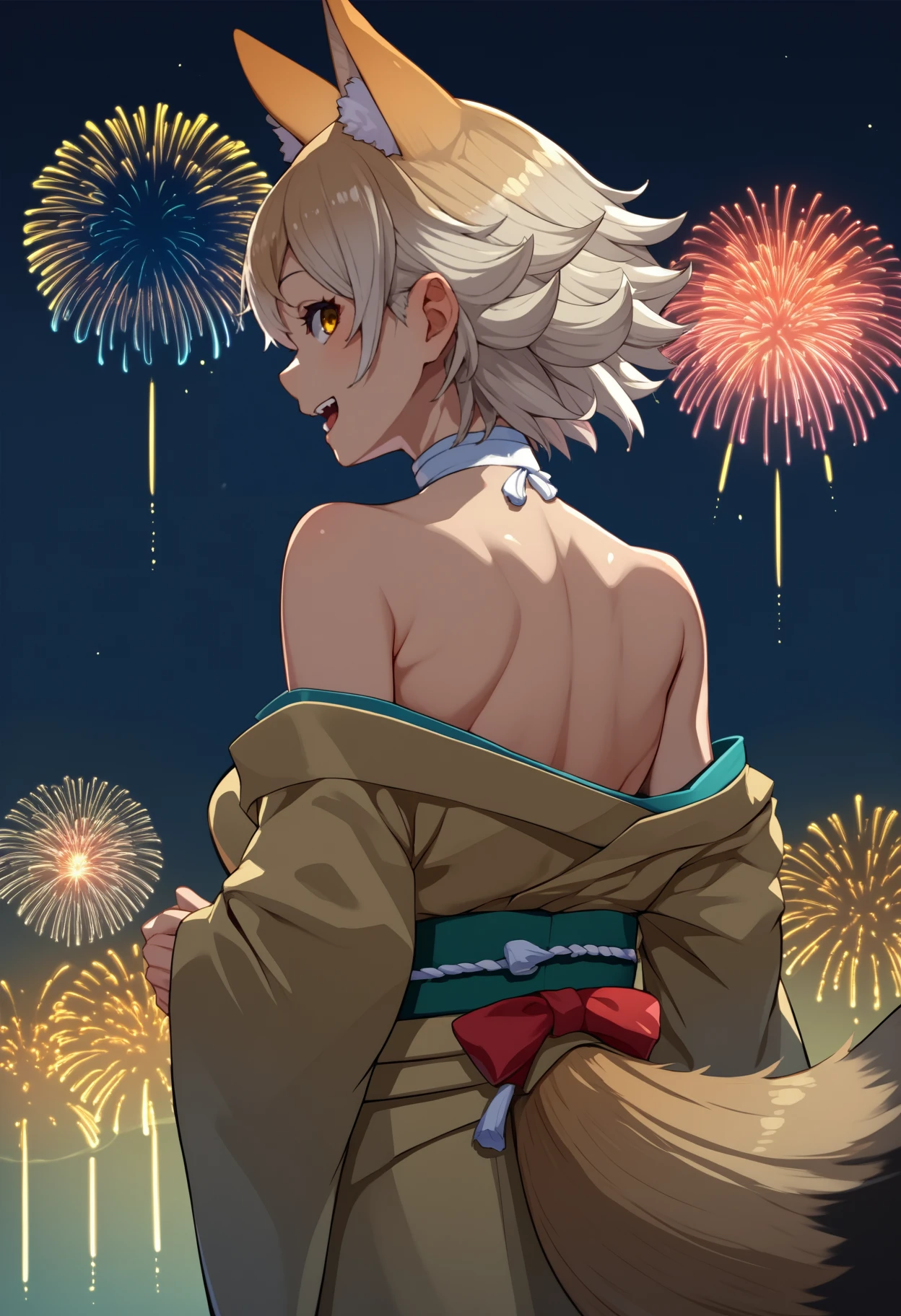 score_9, score_8_up, score_7_up, source_anime, <break> from behind, solo, 1girl, kfc0yote, wolf tail, smile, open mouth, looking back, animal ears, animal ear fluff, extra ears, japanese clothes, brown kimono, off shoulder, white choker, bare shoulders, fireworks
<segment:yolo-face_yolov8m.pt,0.4,0.5//cid=1>