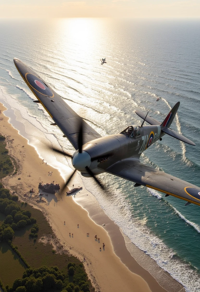 A high-definition shot of a Supermarine Spitfire Mk IX flying low over the beaches of Normandy during D-Day (1944). The Spitfire is fully armed, with machine guns visible on the wings, and it's flying in formation with other Allied aircraft. Below, you can see landing craft on the beach and soldiers advancing inland under heavy fire. The sea reflects the sunlight, creating a vivid contrast between the beach and the waves.