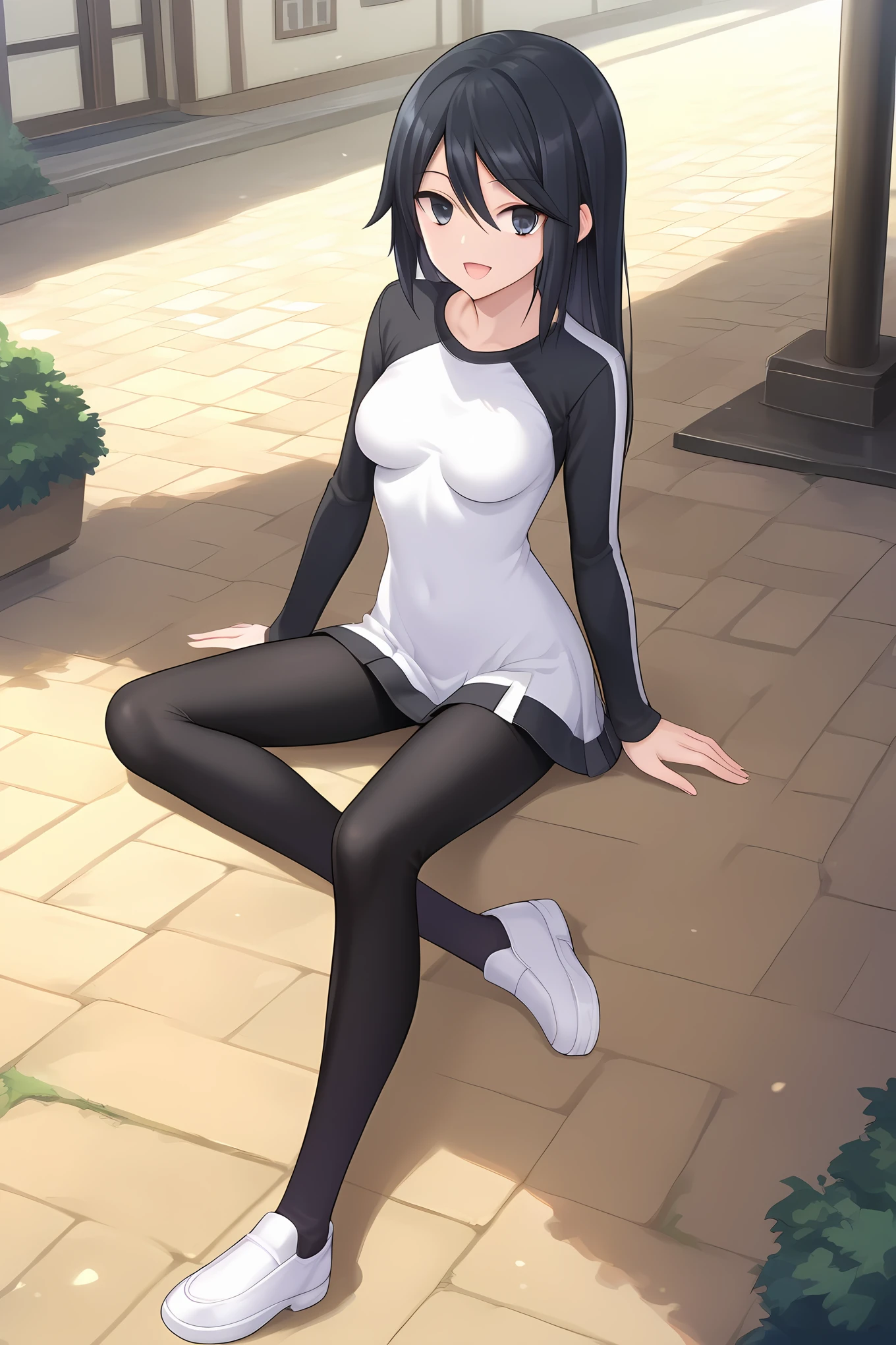 (white dress two-tone dress black sleeves raglan sleeves short dress black leggings white shoes), dsc-yuuko, black hair, medium breasts, 1girl, solo, skinny, score_9, score_8_up, score_7_up, score_6_up, score_5_up, source_anime, happy, town, (1.3::full body|sitting|standing|lying|0.6::close-up| :1.20), , <lora:dsc-yuuko-V01-000005:0.60>